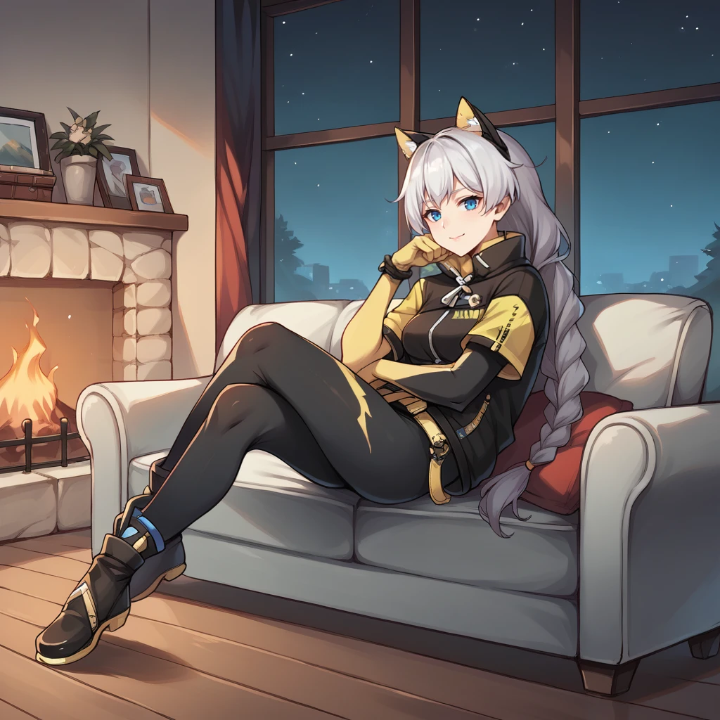 score_9_up, score_8_up, score_7_up, source_anime, 1girl, solo, living room, cozy, fireplace, sofa, window, snowing outside, dimmed light, potted plant, detailed background, night, night sky, night time, starry sky, sitting on couch, head rest, looking at you, crossed legs, gentle smile, closed mouth, full body, foreshortening, from side, angled shot, KalKas, Fol001, Kk_Swf, white hair, long hair, braided ponytail, blue eyes, cat ears, yellow belt, loose belt, black jacket, jacket, high collar, yellow trim, yellow short sleeves, black long gloves, bodysuit, jewelry, clothing writing, leggings, black ankle boots