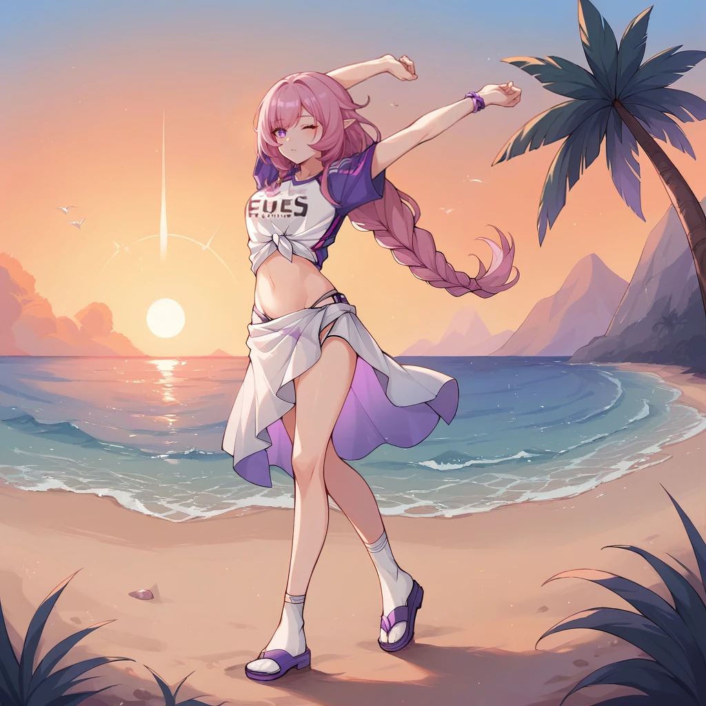 score_9_up, score_8_up, score_7_up, source_anime, 1girl, solo, beach, evening, sunset, stretching arm out, hand on elbow, one eye closed, walking, full body, looking ahead, palm tree, nature, white socks, purple footwear, sandals, elysia (honkai impact), Elys, Fol002, Ely_Efc, braided ponytail, long hair, pink hair, pointy ears, purple eyes, white streaked hair, tied shirt, bikini bottom only, white sarong, two-tone shirt, t-shirt, clothing writing, purple sleeves, alternate short sleeves, alt bracelet,