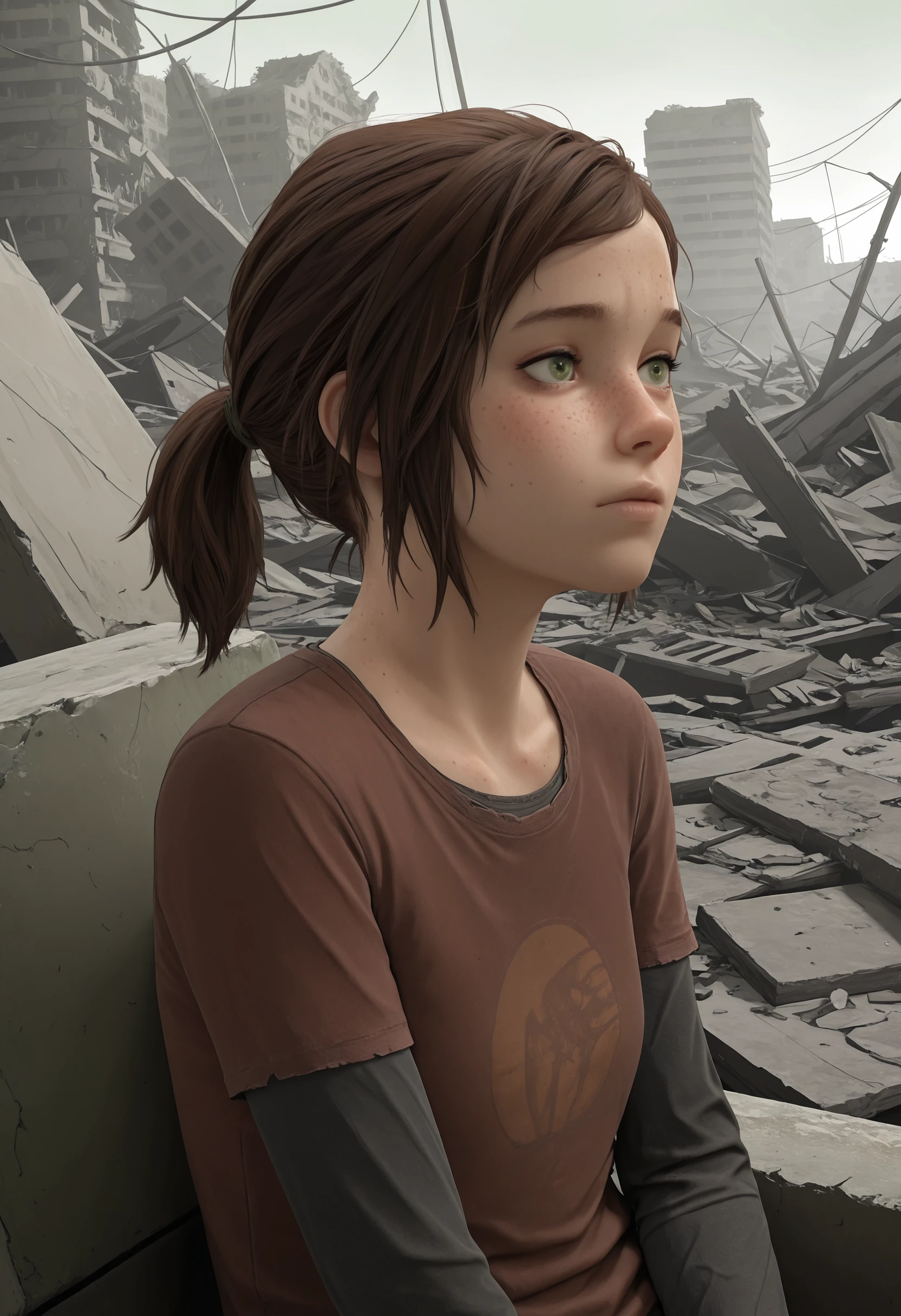 masterpiece, best quality, amazing quality, very aesthetic, absurdres, newest, <lora:EllieTLOU1ILf:0.8> ellif, 1girl, brown hair, short hair, ponytail, green eyes, shirt, layered sleeves, upper body, freckles, sitting,
post apocalypse, ruins city, ruins,