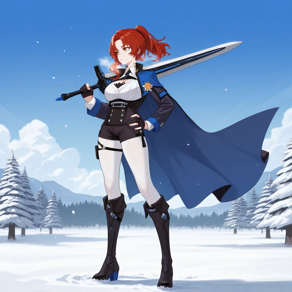 masterpiece, best quality, ultra-detailed, very aesthetic, detailed background, year 2023, very aesthetic, newest, scenery, highres, 4k, absurdres, 8k, colorful,vibrant, glowing, perfect face, 2d, perfect eyes, detailed eyes, 1girl, solo, detailed background, day, sun, sky, clouds, snow field, snowing, blizzard, holding sword, sword, weapon, sword over shoulder, hand on hip, breath, full body, looking to side, angled shot, pine trees, alt knee boots, alternate black footwear, red hair, yellow eyes, murata himeko, mature body, HimekoHi3, Fol003, Hmk_Krg, black corset, alt white shirt, collared shirt, alt cleavage cutout, chest strap, black jacket, collared jacket, alternate black shorts, black cape, white pantyhose, blue cape, underbust, black sleeves, alternate long sleeves, layered sleeves, partially fingerless gloves, alternative black gloves, alt thigh strap, ponytail, alt knee boots, alternate black footwear, ponytail,