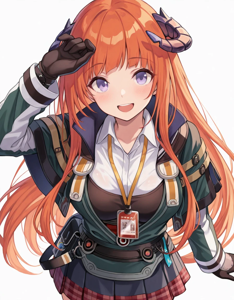 (masterpiece), (best quality), (ultra-detailed), masterpiece, score_9, score_8_up, score_7_up, source_anime BREAK, illustration, disheveled hair, detailed eyes, perfect composition, moist skin, intricate details, Bagpipe, very long hair, orange hair, purple eyes, bagpipe_horns BREAK, Default, bagpipe_shirt, bagpipe_jacket, bagpipe_gloves, bagpipe_id card, bagpipe_skirt, pleated skirt BREAK, white background, looking at viewer, smile, open mouth, hand up