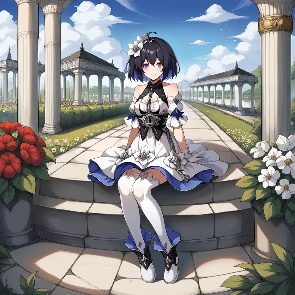 score_9_up, score_8_up, score_7_up, source_anime, 1girl, solo, sitting on stone ledge, full body, looking at you, sweet smile, hands on own lap, sun, pillars, garden, flowers, bushes, sky, clouds, detailed background, marble, short hair, beautiful architecture, white ankle boots, seele vollerei, SelVel, Fol002, Sel_Sty, black hair, blue hair, colored inner hair, halter dress, alternate white dress, chain between breasts, black halterneck, cleavage cutout, flower-trimmed dress, keyhole, chain, lock, alt corset, center frills, black corset, frilled bra, white bra, alt white skirt, bubble skirt, white detached sleeves, chain necklace, puffy short sleeves, asymmetrical gloves, white gloves, bare shoulders, hair flower, white flower, white thighhighs, thighhighs,