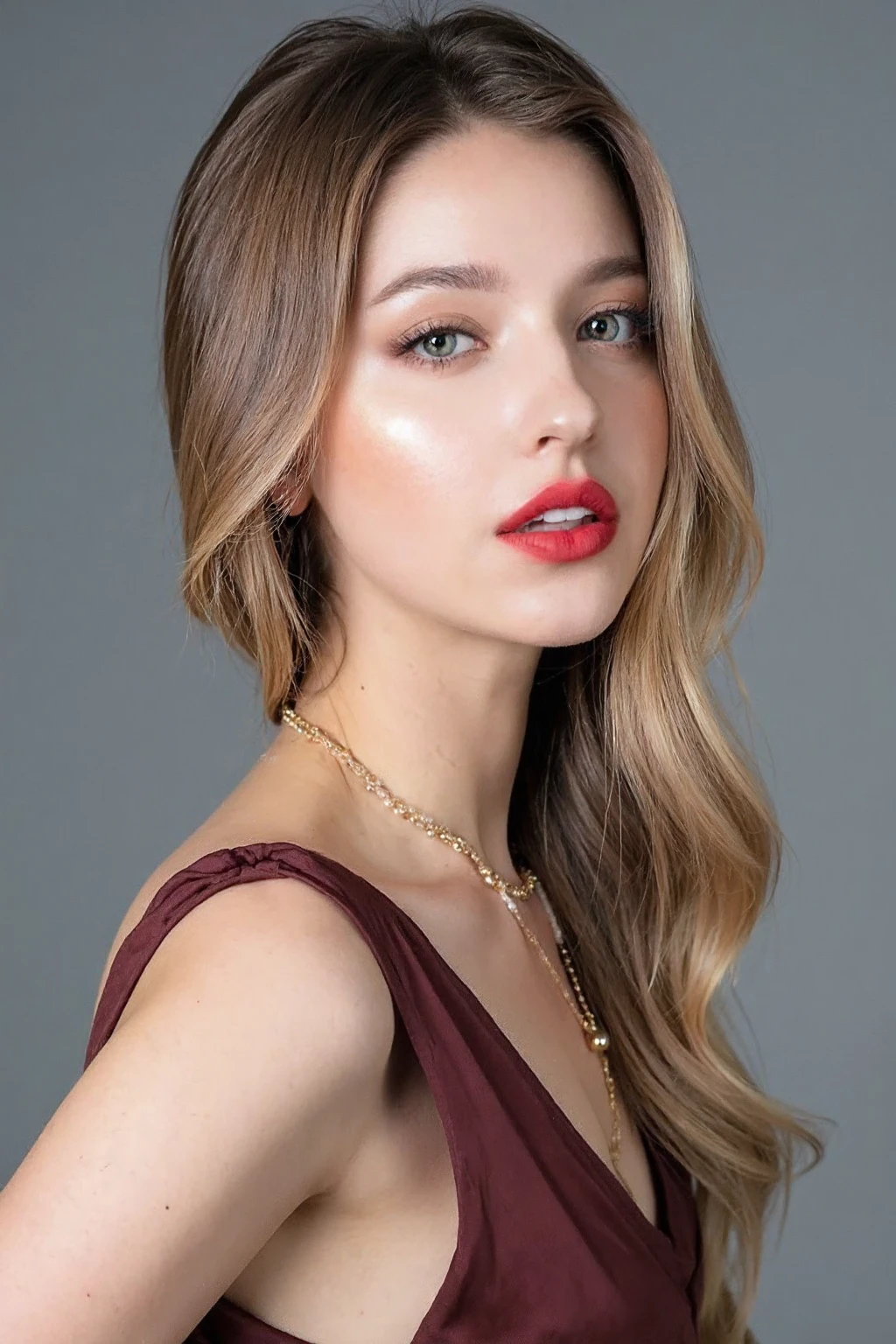 (medium full shot), beautiful blonde girl with dark eyeshadow and eyeliner, red lips, long wavy hair , wearing silk sleeveless dress, gray background, studio lighting, necklace, dslr, soft lighting, high quality, film grain, light reflections, blood vessels, , skin pores,blood vessels in sclera, detailed skin, beauty spots, skin fuzz, <lora:flux_realism_lora:1>, <lora:makinaflux_angelinadanilova_v1.0:1>