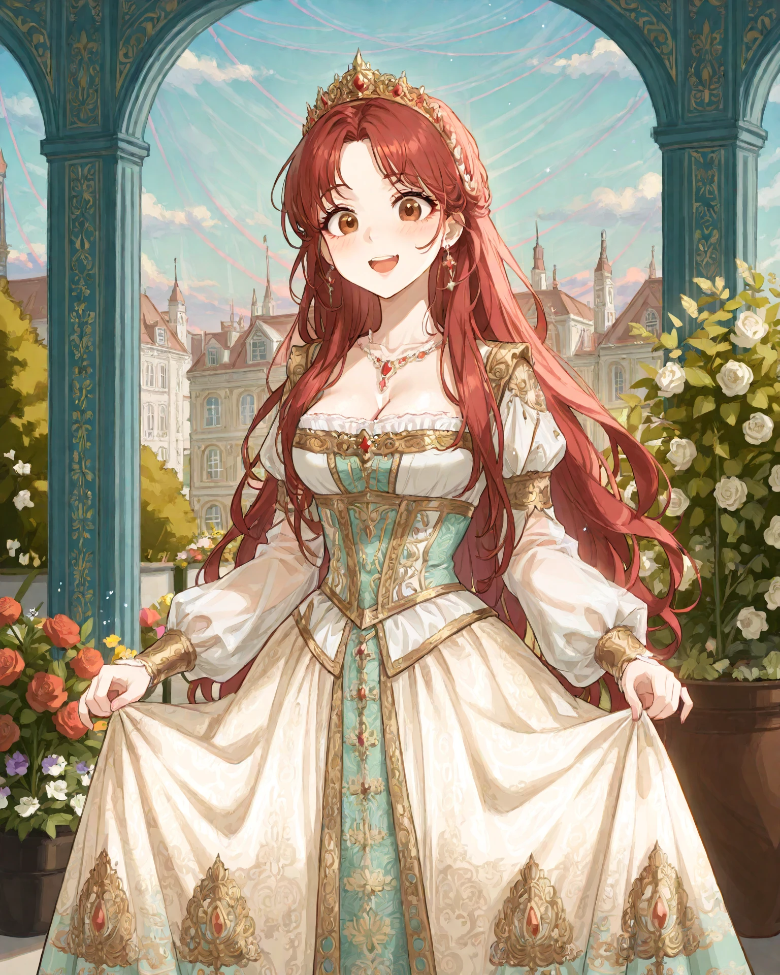 1girl, wearing medfa, medfa clothing, waist-up, long hair, excited, joyful, curtsey, flower garden, archway, delicate pearls, beautiful sky, long lashes, extremely detailed clothing, jacquard fabric, gold embroidery, gentle eyes, masterpiece, highest quality, absurdres, digital art, very detailed, 8k, best quality, high resolution, <lora:Medieval_Fashion_Illustrious:1.1>, <lora:DisneyLike:1>