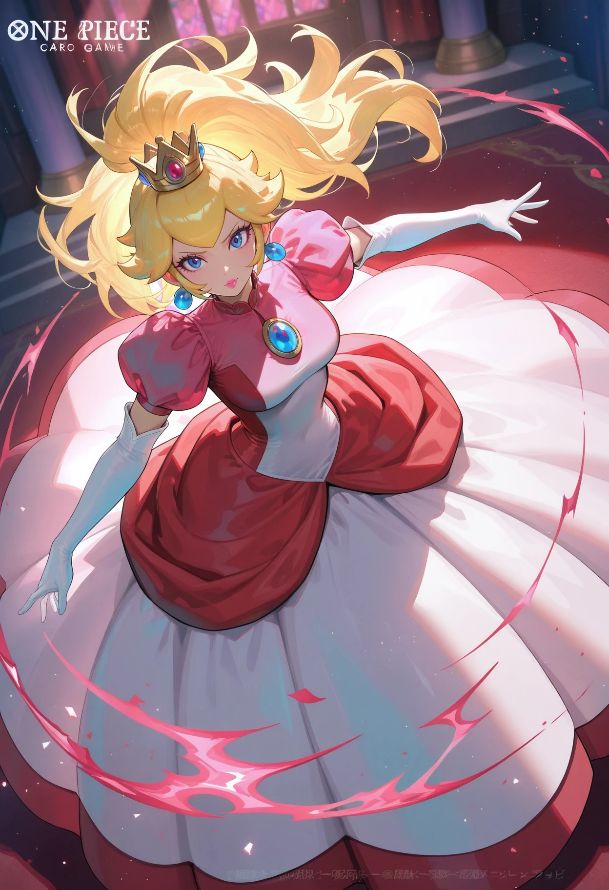 masterpiece, best quality, 
1boy, solo,
 <lora:One piece card game artstyle [IL]:1.1> opcgstyle,  art, official art, concept art, dynamic angle,
 <lora:PrincessPeach_NoobAI_Incrs_v1:0.8> princess peach, long hair, blue eyes, alternate costume || IncrsPchFire, blue eyes, long hair, ponytail, elbow gloves, white gloves, white dress, red dress, puffy sleeves, puffy short sleeves, brooch, crown, jewelry, earrings