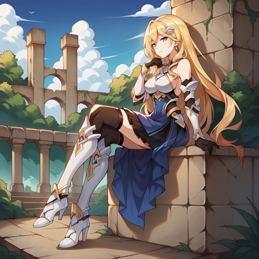 score_9_up, score_8_up, score_7_up, source_anime, 1girl, solo, sun, stone ledge, castle, medieval interier, outdoors, sitting on stone ledge, stone bricks, bushes, flowers, trees, vines, debris, ruins, ancient ruins, sky, clouds, looking ahead, breeze, windy, jungle, crossed legs, full body, from side, from below, looking at viewer, emotionless bored, closed mouth, half-opened eyes, hand on own lap, arm rest, side eye, blue eyes, blonde hair, blue hair, drill hair, long hair, Durandal, Fol002, Du_Bke, blonde hair, drill hair, high-waist skirt, alt blue skirt, gradient skirt, armored skirt, alt hair ornament, clothing cutout, breastplate, halter top, bare shoulders, single earring, detached sleeves, armored sleeves, alternate black sleeves, alt black gloves, gloves, gauntlets, white gauntlets, thighhighs, alt black thighhighs, armored boots, white footwear, alternate thigh boots,
