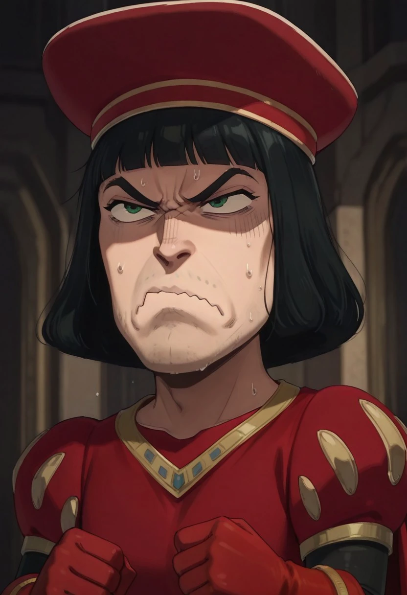 masterpiece, best quality, newest, absurdres, highres, anime, anime style, 1boy, Lord-Farquad-IL-base outfit, short hair, red gloves, black hair, beret, cape, gloves, hat, green eyes, red headwear, hat, black hair YorButthurtFaceIL-V1.0, angry, annoyed, expressive, exxagerated exxpresion, frown, shaded face, wavy mouth, sweating profusuely,