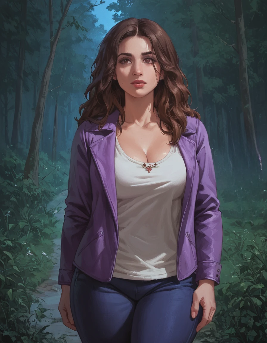 score_9, score_8_up, score_7_up, zPDXL, masterpiece, <lora:sn0wStyle:1> <lora:HKHorrorXL:1>1girl, solo, long hair, jewelry, jacket, necklace, lips, upper body, black hair, brown eyes, looking to the side, purple jacket, shirt, nose, kelly maxwell<lora:Kelly_Maxwell_Ash_VS_Evil_Dead_2015:0.8> forest, night,