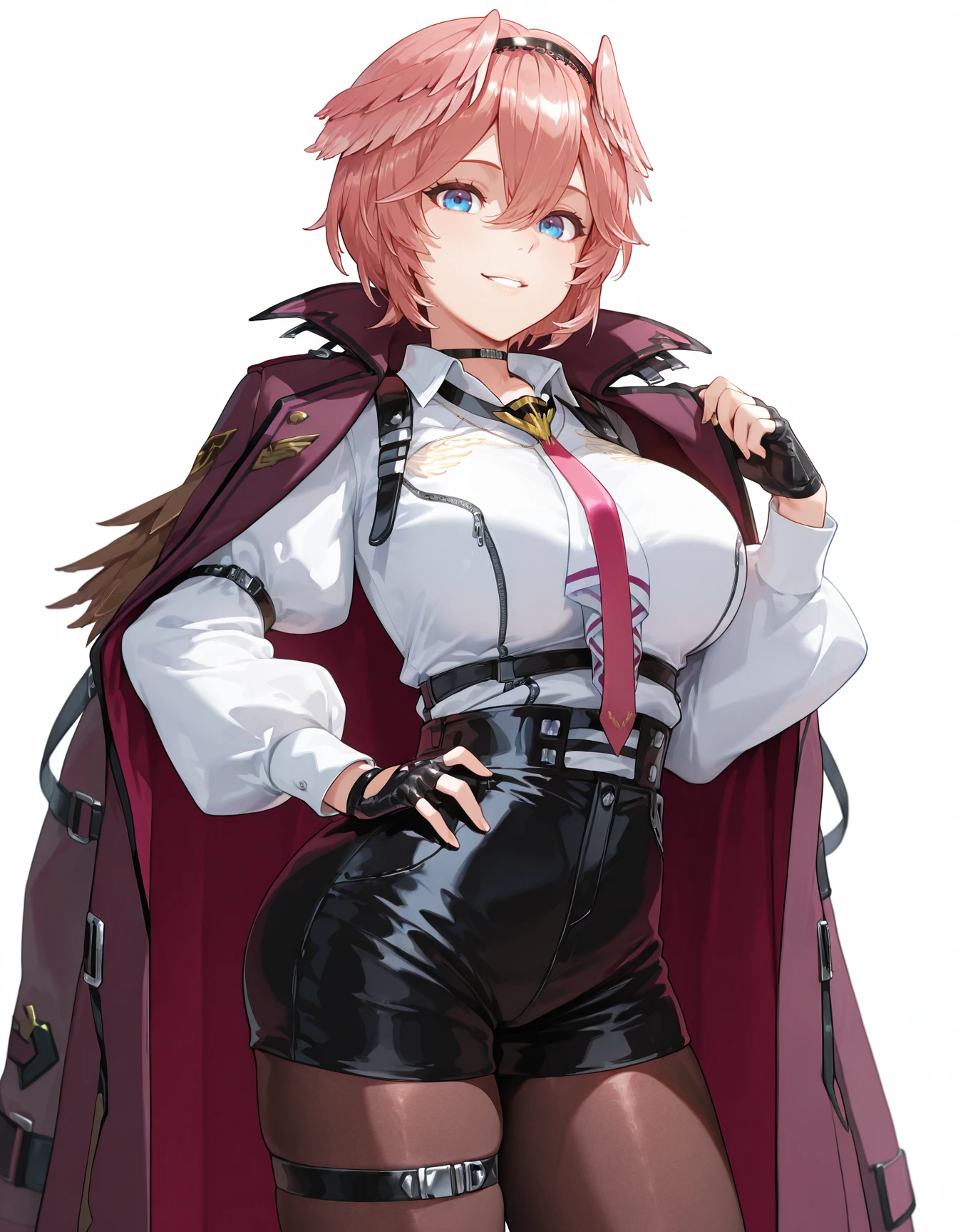 masterpiece, best quality, amazing quality,
<lora:luiIL:1>, luiIL, luidef, head wings, short hair, hairband, puffy long sleeves, collared shirt, high-waist shorts, red necktie, jacket over shoulder, fingerless gloves, thigh strap, pantyhose under shorts, legwear under shorts, shorts, headband, smile, cowboy shot, black choker, brown pantyhose, shirt, large breasts, hair between eyes, coat, white background, black gloves, white shirt, taut clothes, long sleeves, simple background, black hairband, gloves, pink necktie, puffy sleeves, coat on shoulders, pantyhose, 1girl, looking at viewer, black shorts, necktie, solo, choker, bob cut, parted lips,
