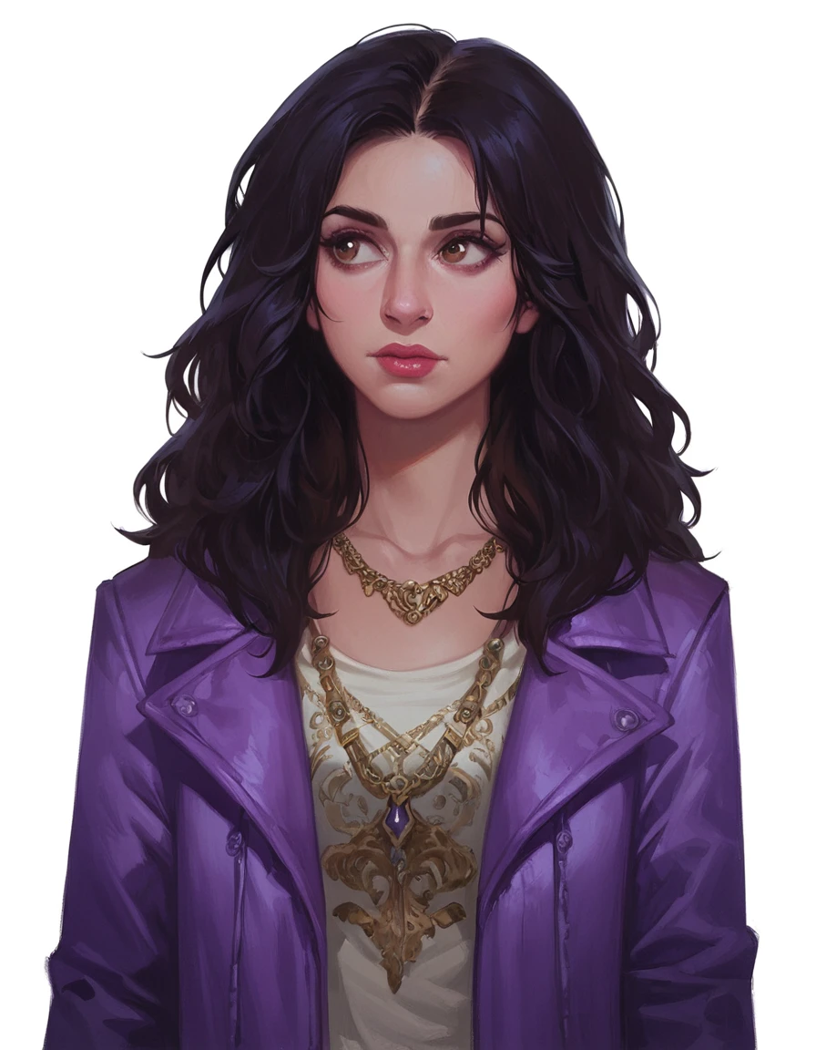 score_9, score_8_up, score_7_up, zPDXL, masterpiece, <lora:sn0wStyle:1> <lora:HKHorrorXL:1>1girl, solo, long hair, jewelry, jacket, necklace, white background, lips, upper body, black hair, simple background, brown eyes, looking to the side, purple jacket, shirt, nose, kelly maxwell<lora:Kelly_Maxwell_Ash_VS_Evil_Dead_2015:0.8> forest, night,