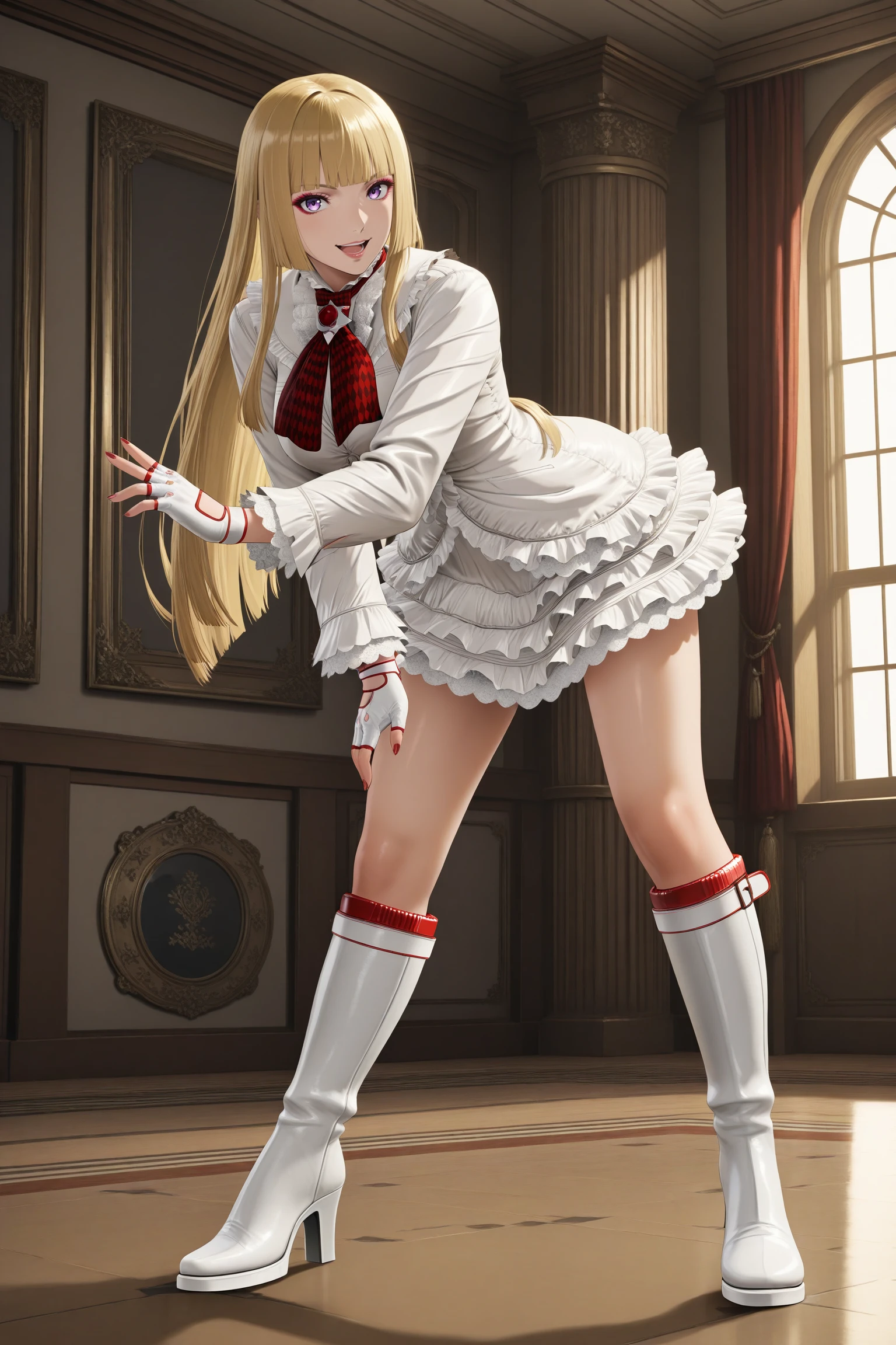 masterpiece, best quality, amazing quality, highres, absurdres, very aesthetic, high resolution, ultra detailed, perfect details, 1girl, solo, indoors, lilit5p2, long hair, hime cut, blonde hair, blunt bangs, purple eyes, makeup, eyeshadow, lips, white jacket, white skirt, frills, frilled jacket, frilled skirt, white gloves, fingerless gloves, brooch, red neckerchief, white footwear, knee boots, high heel boots, <lora:Emilie_de_Rochefort_ILXL:0.8>, (aged up:1.5), (full body), smile, looking at viewer, (2023:2), anime coloring, open mouth, (pose:1.3)