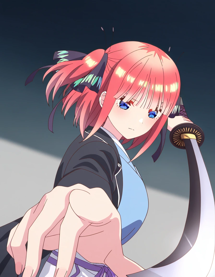 masterpiece, best quality, newest, absurdres, highres, safe,, <lora:nino-nakano-honeymoon-ponyxl-lora-nochekaiser:1>, nino nakano, short hair, bangs, blue eyes, large breasts, pink hair, blunt bangs, side ponytail, one side up, anime screencap, <lora:gatotsu-stance-illustriousxl-lora-nochekaiser:1>, gatotsu stance, weapon, sword, katana, holding weapon, holding, holding sword, foreshortening, japanese clothes, kimono, looking at viewer,, ,