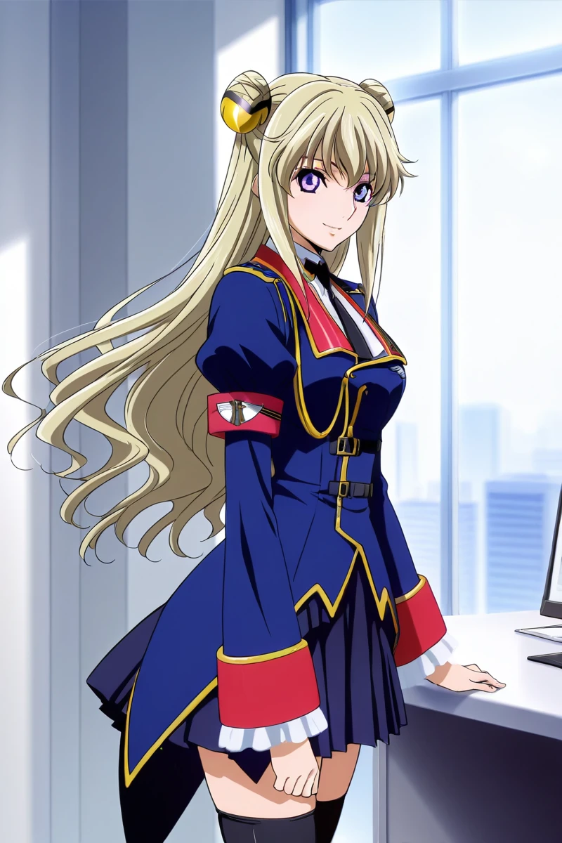 <lora:leila_malcal_CGA_illus:1>leila malcal, military uniform, hair accessories, 1girl, solo, long hair, blue eyes, pleated skirt, blonde hair, very long hair, purple eyes, necktie, office, hair bun, double bun, cheerful, smile, cowboy shot, standing looking at viewer, <lora:Add_more_details_pony:0.8> black stocking, zettai ryouiki, side view, proportional body,