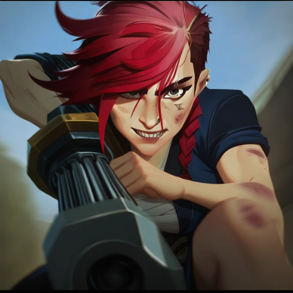 vi (league of legends), jewelry, gatling gun, looking at viewer, :t, incoming attack, smile, portrait, blood, close-up, depth of field, braid, holding, fangs, outdoors, bruise, medium breasts, injury, sarashi, clenched teeth, hammer, sky, shirt, standing, indoors, arm on knee, facial tattoo