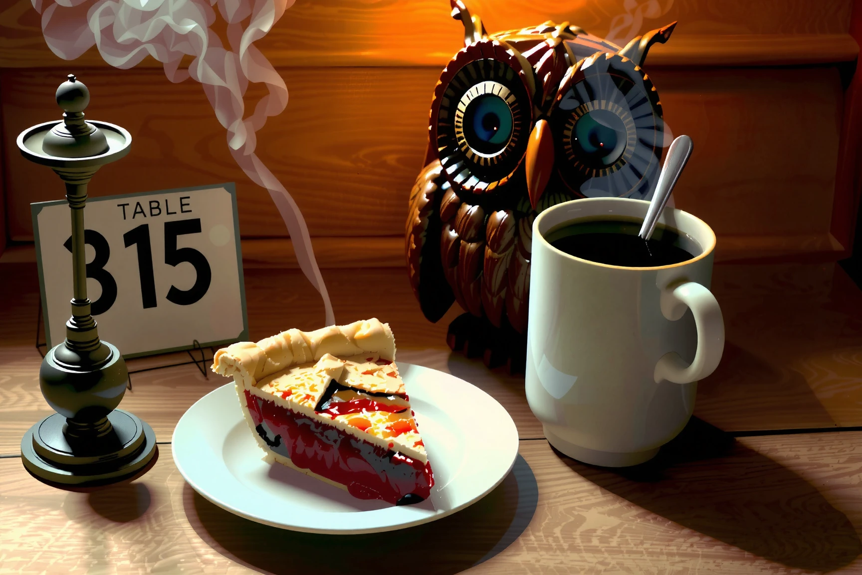 A warm slice of cherry pie still steaming next to a hot mug of black coffee also steaming hot, next to these things is a little table number metal stand with table number 315 on it, and a weird owl shaped clock on the wall behind that reads the time as 2:53