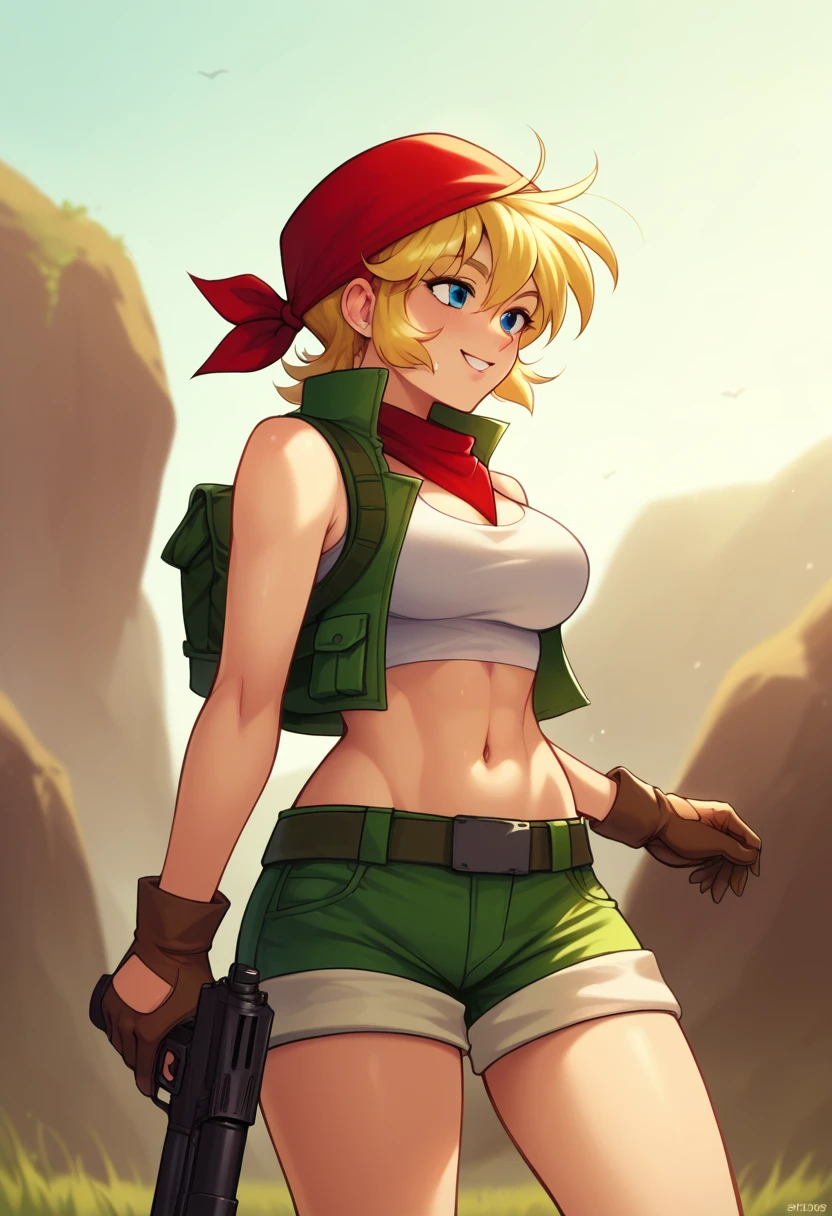 score_9, score_8_up, score_7_up, score_6_up, score_5_up, score_4_up, masterpiece, best quality, BREAK,
1girl, outdoors, warzone, <lora:Eri_Metal_Slug_Pony:1> eri_metalslug, blonde hair female, bandana, breasts, crop top, shorts, midriff, gloves, gun