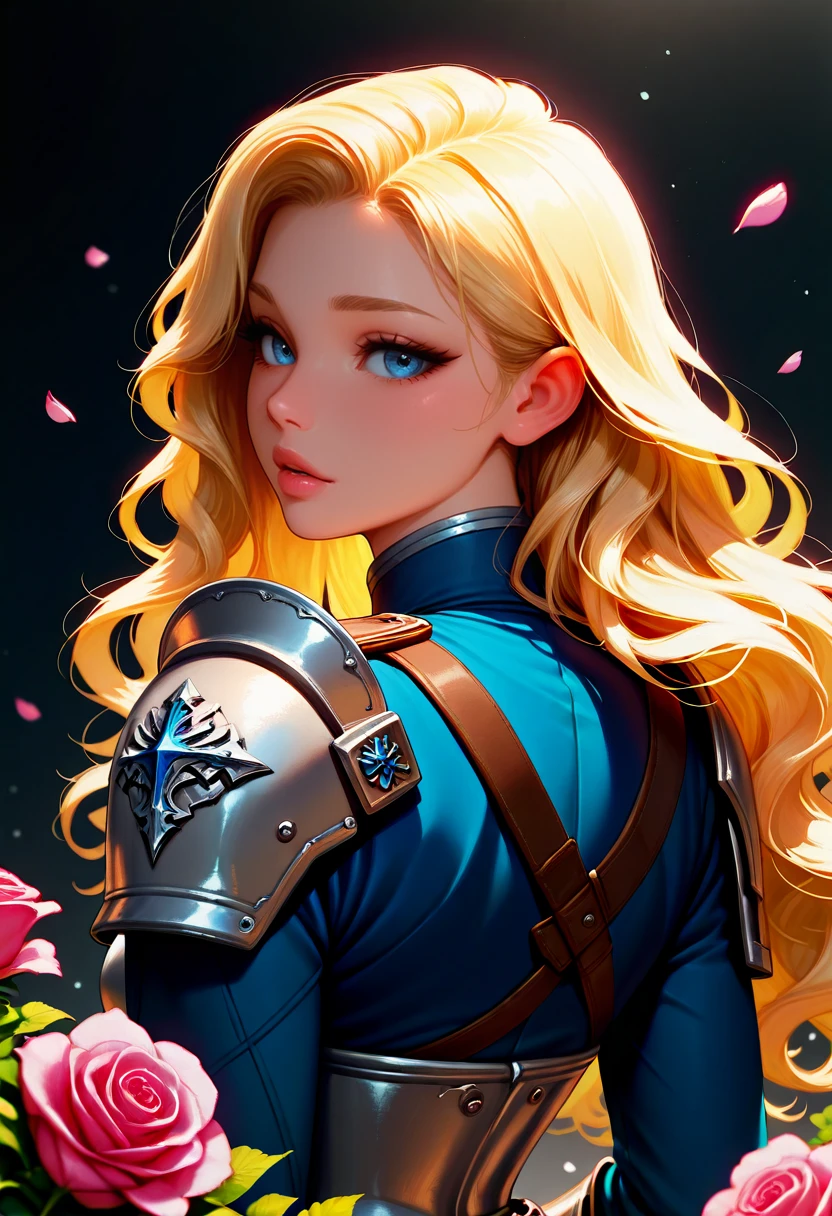 IllusP0s, 1girl, long hair, looking at viewer, blue eyes, blonde hair, long sleeves, upper body, flower, parted lips, looking back, from behind, armor, uniform, lips, petals, rose, wavy hair, shoulder armor, pink flower, pink rose