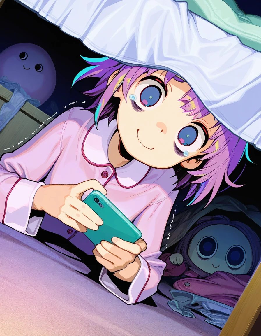 1girl, under bed, messy hair, round eyes, big eyes, bags under eyes, small mouth, c:, light smile, head tilt, short hair, eye trembling, tearing up, messy room, pajamas, holding phone, dutch angle, reflective eyes,
style onono imoko,