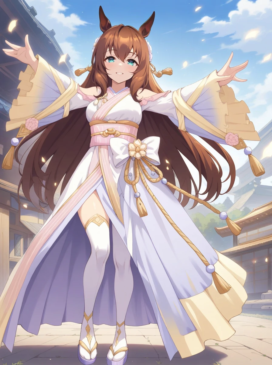 masterpiece, best quality,
maruzensky \(umamusume\), 1girl, horse ears, long straight hair, full body, smile, looking at viewer, outstretched arms, hair ornament, bare shoulders, gold trim white thighhighs, light purple zouri, wide sleeves multicolored kimono, shoulder cutout, pink obi, waist ribbon, new year clothes
outdoors,
<lora:SDXL_maruzensky_ver1.0:0.7>