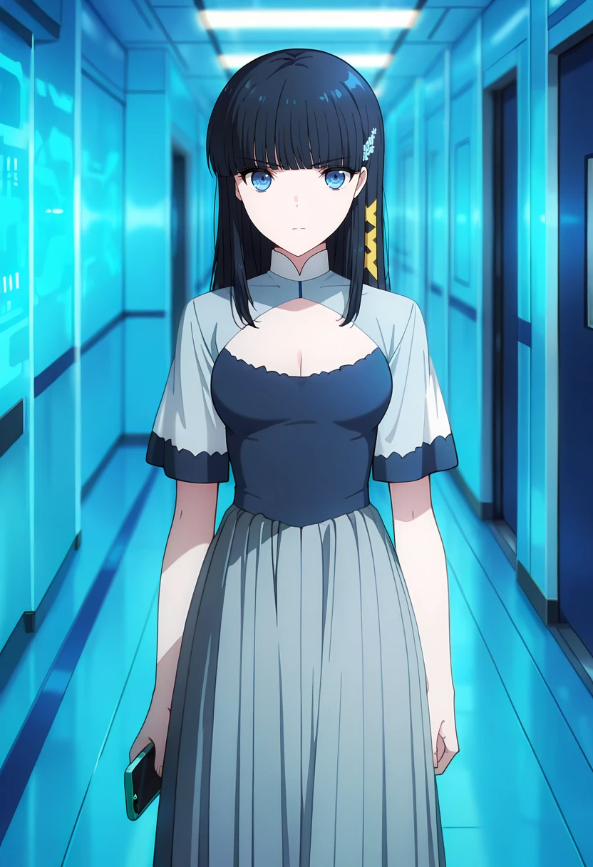 anime screencap, masterpiece, best quality,
<lora:MahoukaKoukouNoRettousei_ShibaMiyuki_IlluXL:0.9>,
1girl, solo, serious,
long hair, black hair, blunt bangs, blue eyes, hairclip, tress ribbon, yellow ribbon,
MiyukiDress, multicolored dress, grey dress, dark blue dress, cleavage cutout, medium breasts, short sleeves, long skirt, pleated skirt, grey skirt,
holding phone,
looking at viewer, cowboy shot,
indoors, science fiction, hallway, blue theme