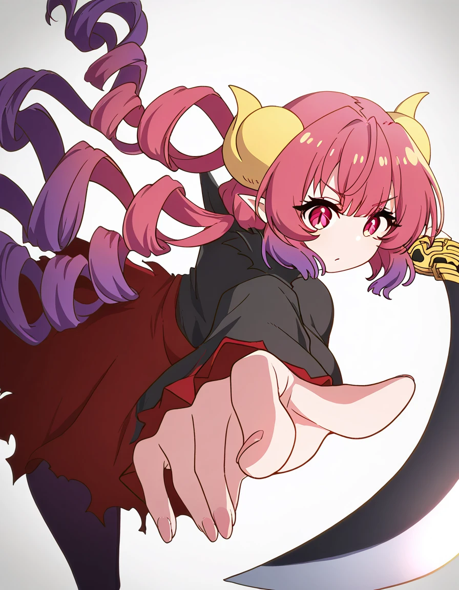 masterpiece, best quality, newest, absurdres, highres, safe,, <lora:dragon-ilulu-s2-ponyxl-lora-nochekaiser:1>, ilulu, curled horns, horns, long hair, multicolored hair, purple hair, red eyes, red hair, slit pupils, large breasts, <lora:gatotsu-stance-illustriousxl-lora-nochekaiser:1>, gatotsu stance, weapon, sword, katana, holding weapon, holding, holding sword, foreshortening, japanese clothes, kimono, looking at viewer,, ,