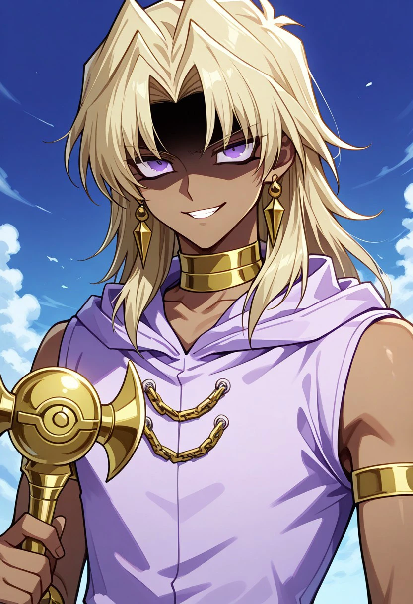 masterpiece, best quality,
marikuish, 1boy, male focus, solo, dark skin, dark-skinned male, purple eyes, blonde hair, long hair, parted bangs, jewerly, earrings, neck ring, armlet, hoodie, hood, purple hoodie, sleeveless hoodie, shaded face, evil grin, millennium rod, sceptre, holding sceptre
outdoor, sky