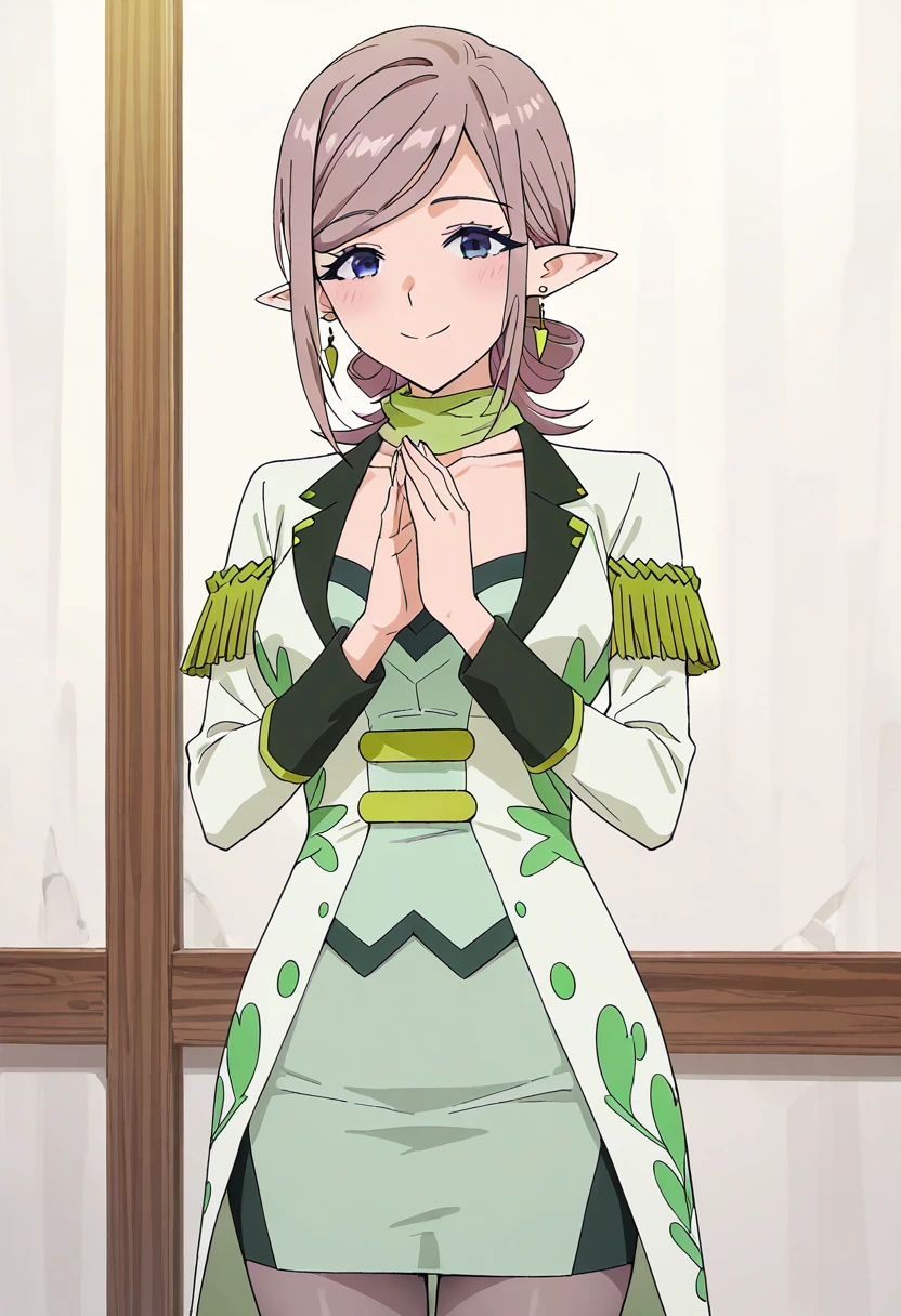 masterpiece, best quality, eyelashes, (beautiful eyes),   zzMamar, 1girl, solo, blue eyes, pink hair, short hair, skirt, long sleeves, dress,  braid, pantyhose, earrings, pointy ears, scarf, grey pantyhose,  smile, looking at viewer,   ,<lora:ARankPartyStyle_IXL:1.0>,