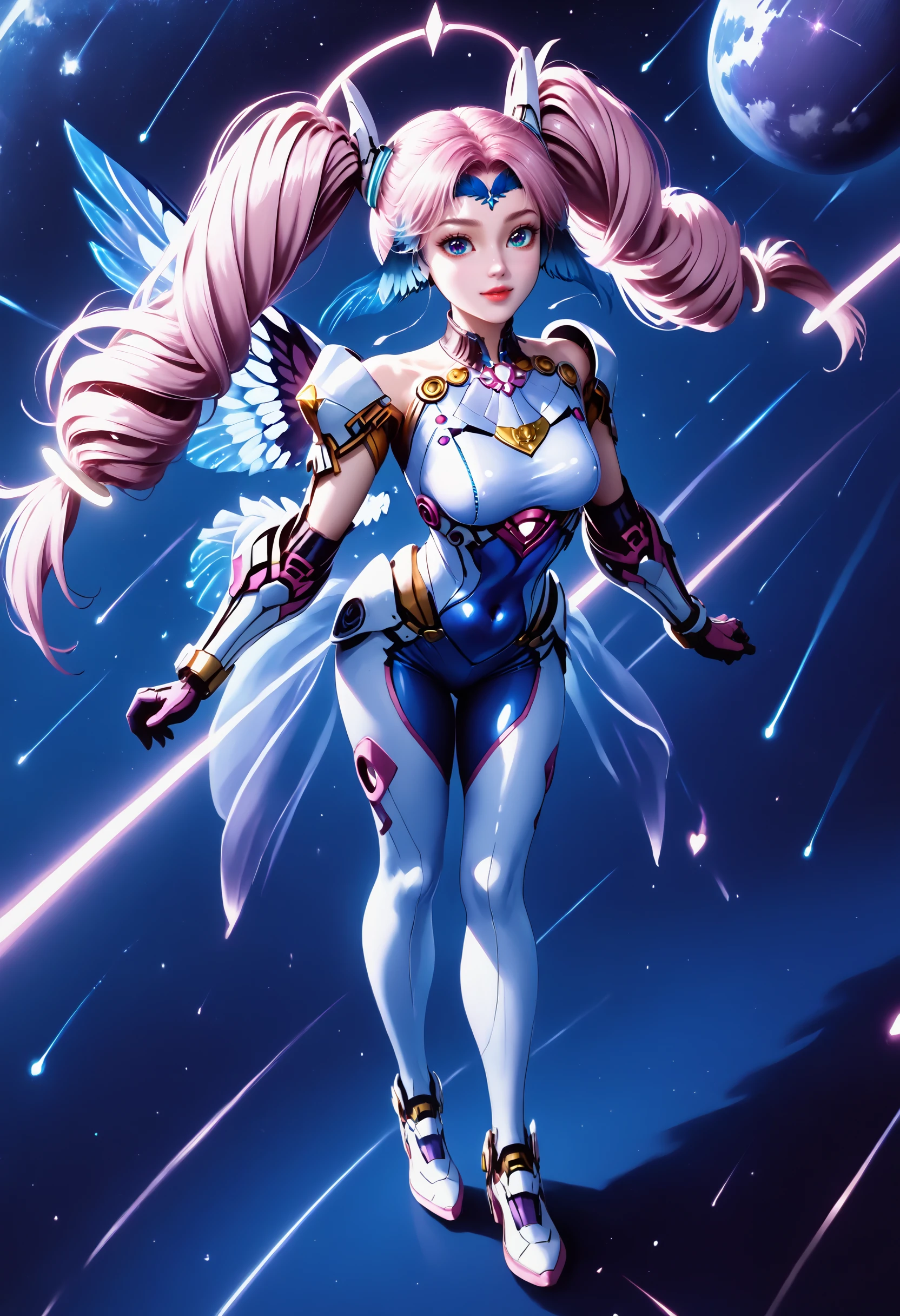 Masterpiece, best quality, amazing quality, very aesthetic, high resolution, ultra-detailed, absurdres, HDR, cinematic lighting, highres, newest,
aichen, 1girl, pink hair, solo, long hair, twintails, drill hair, purple eyes, blue head wings, blue forehead jewel, hair ornament, glowing golden rings on the twintails at the end, dutch_angle, pink aura, heart, dynamic_pose, bodysuit, realistic, photorealistic, blue background, night, moonlight, white_legwear, white_footwear, space_station,