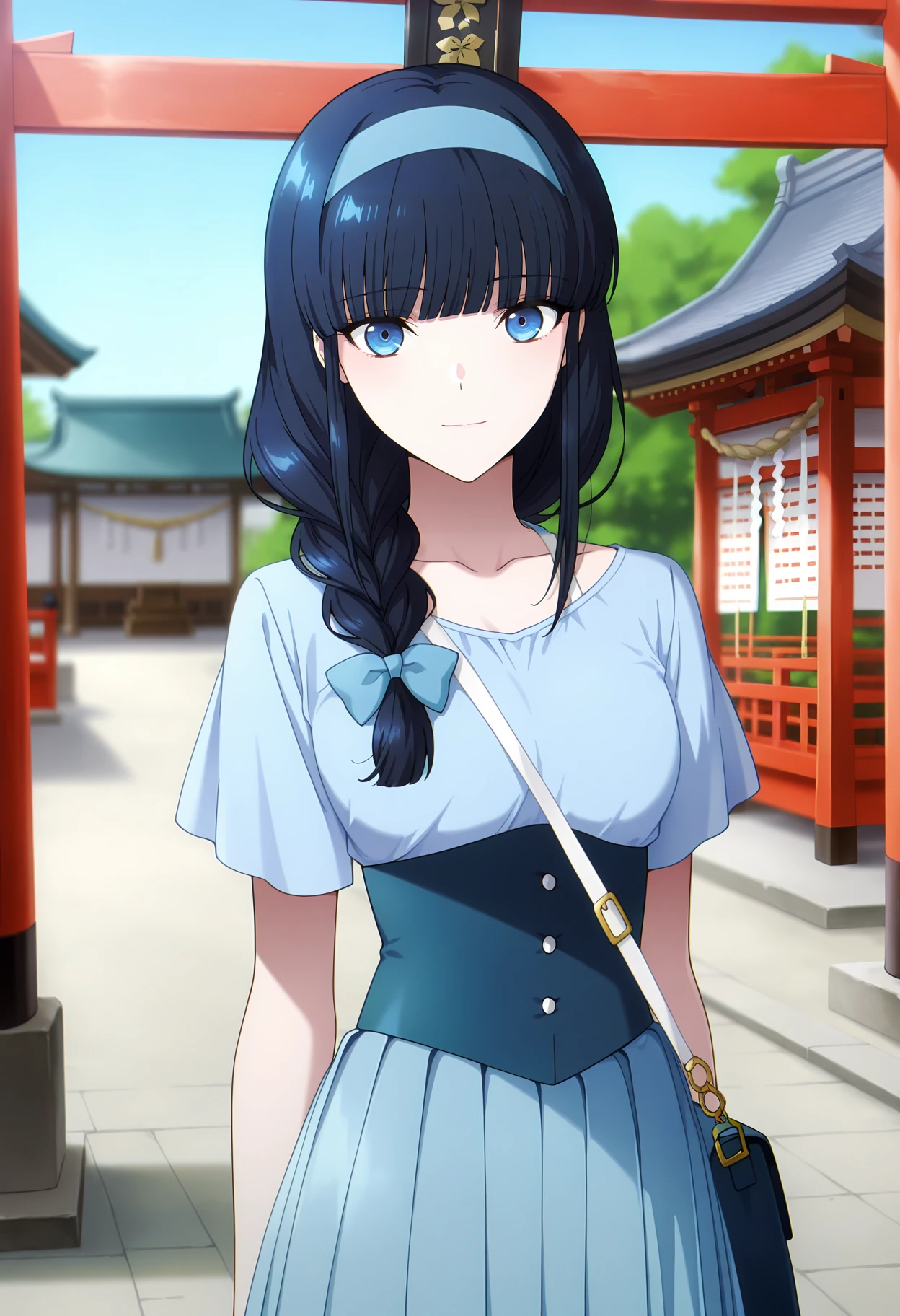 anime screencap, masterpiece, best quality,
<lora:MahoukaKoukouNoRettousei_ShibaMiyuki_IlluXL:0.9>,
1girl, solo, closed mouth, light smile,
single braid, hair over shoulder, black hair, blunt bangs, blue eyes, blue hairband, hair bow, blue bow,
MiyukiCasual, collarbone, light blue shirt, dark blue corset, buttons, pleated sleeves, short sleeves, light blue skirt,
shoulder bag,
looking at viewer, cowboy shot,
outdoors, east asian architecture, shrine, day, torii, blurry background