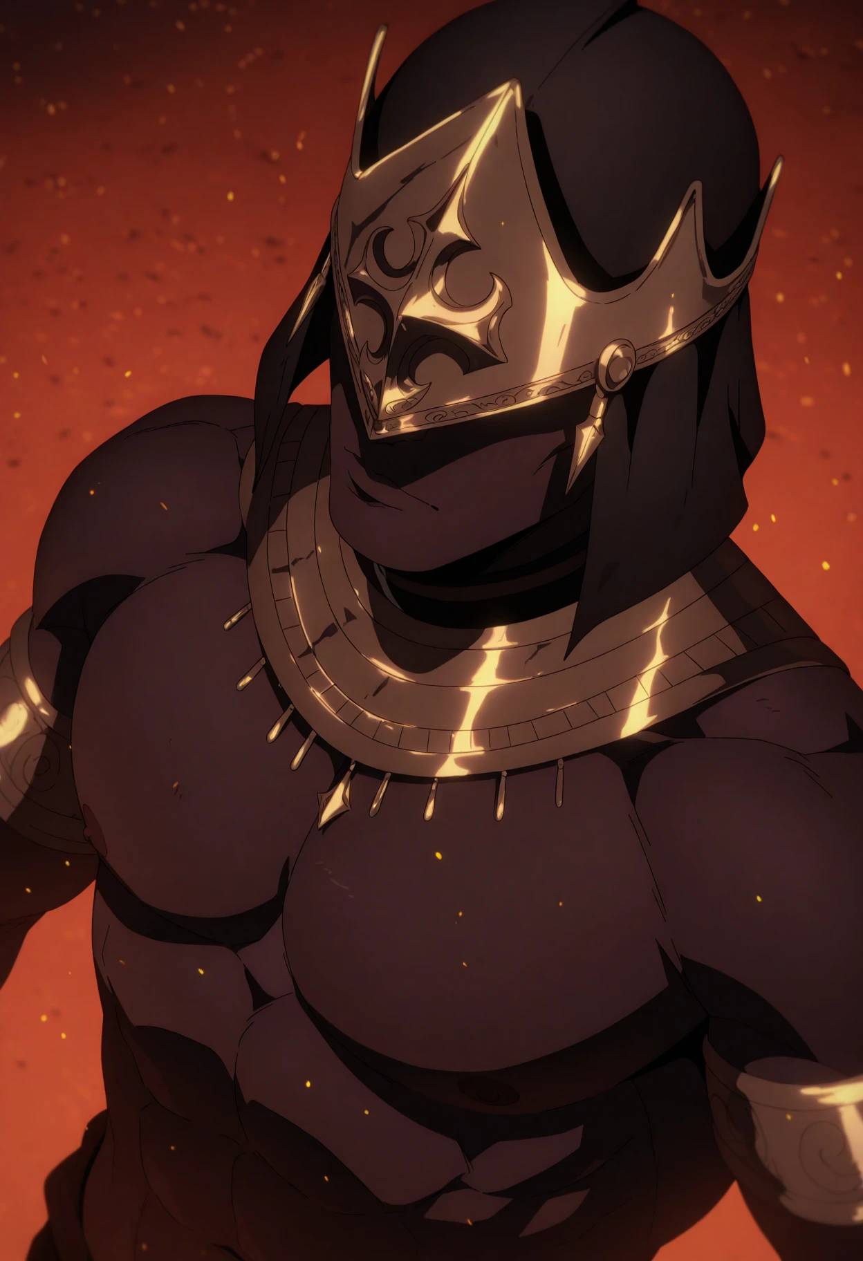 <lora:CastlevaniaNocturneILXL:1> n0cturn3,
1boy, muscular male, male focus, pectorals, muscular, solo, dark-skinned male, dark skin, nipples, large pectorals, bara, from above, upper body, helmet, jewelry, very dark skin, covered face, topless male, abs, helm, embers, armlet, bare pectorals, masterpiece, best quality, amazing quality, intricate detail, highly detailed, absurdres,