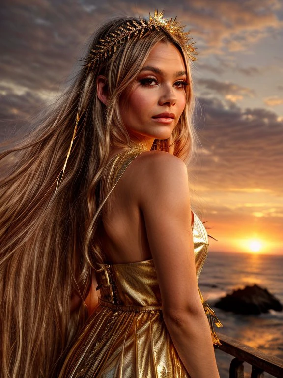 <lora:000ArianaGreenblatt:0.7>,adri,
A young woman with long blond hair,wearing a transparent dress with gold jewelry. On her head is a wreath of golden leaves,and behind her back is a quiver with arrows. She holds a bow in her hands. In the background,the sea and mountains on the horizon are visible. The scene is lit with soft light,creating the atmosphere of a sunset.,, <lora:more_details:1> <lora:detailSliderALT:1>