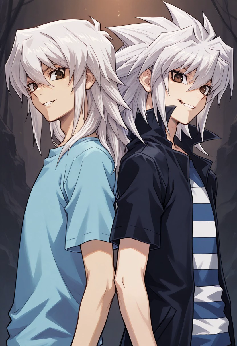 masterpiece, best quality, back-to-back, 2boys,
BakRyu, 1boy, male focus, brown eyes, white hair, long hair, hair between eyes, shirt, blue shirt, striped shirt, short sleeves, gentle smile BREAK
1boy, male focus, brown eyes, white hair, long hair, hair between eyes, spiked hair, shirt, blue shirt, striped shirt, coat, black coat, open coat, evil grin
outdoor,