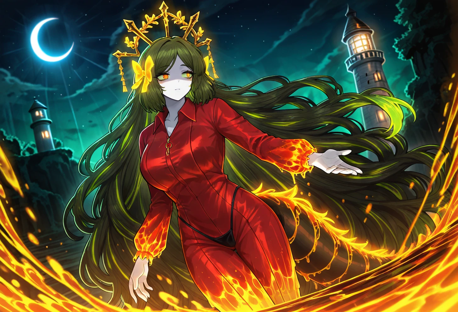female,solo,crimson red satin romper with a thigh-high slit and black thong sandals,moss green hair,Textured Side Part with Taper Fade,parted bangs,big breasts,orange eyes,looking at another,green sclera,Crescent moon pupils,white skin,1tail,human ears,no makeup,wing collar,historic lighthouse, rocky shoreline,Glowing streaks of motion,Dutch angle (or canted shot),happiness,\(project moon\), limbus_company style,dramatic shadows,Glowing streaks of molten liquid,Shimmering waves of light,lobotomycorpifitwasagachagame, <lora:Limbus_Company_r1:0.65>