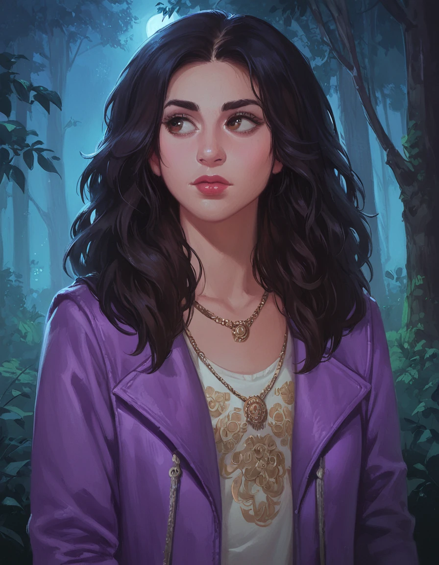 score_9, score_8_up, score_7_up, zPDXL, masterpiece, <lora:sn0wStyle:1> <lora:HKHorrorXL:1>1girl, solo, long hair, jewelry, jacket, necklace, lips, upper body, black hair, brown eyes, looking to the side, purple jacket, shirt, nose, kelly maxwell<lora:Kelly_Maxwell_Ash_VS_Evil_Dead_2015:0.8> forest, night,