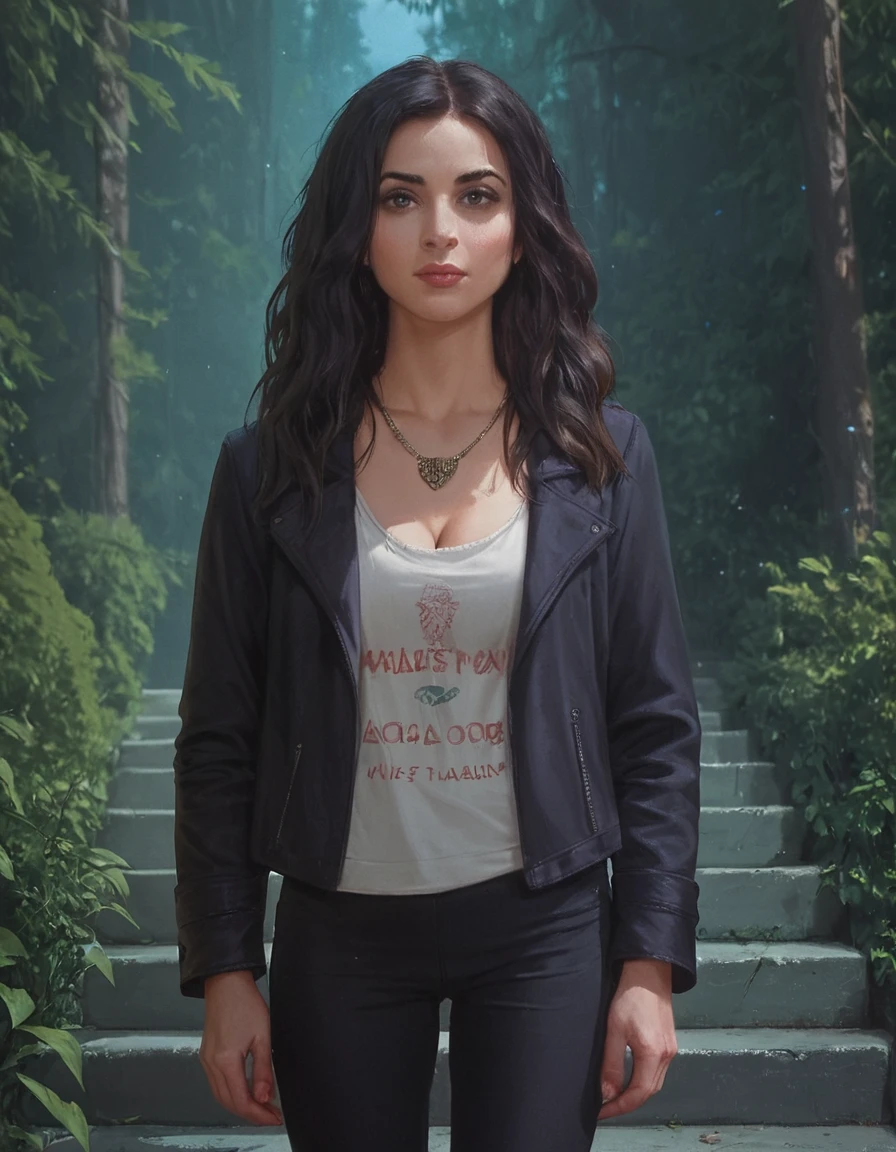 score_9, score_8_up, score_7_up, zPDXL, masterpiece, <lora:sn0wStyle:1> <lora:HKHorrorXL:1>1girl, stairs, black hair, jacket, pants, solo, long hair, black jacket, black pants, jewelry, necklace, shirt, breasts, realistic, cleavage, kelly maxwell<lora:Kelly_Maxwell_Ash_VS_Evil_Dead_2015:0.8> forest, night,