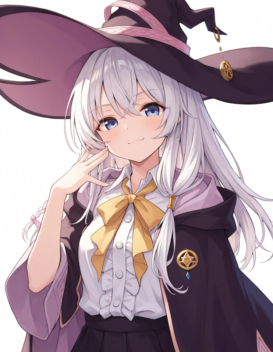 bare shoulders ,white_collared shirt,yellow ribbon,lyileina,witch hat,light smile,large breats,best quality