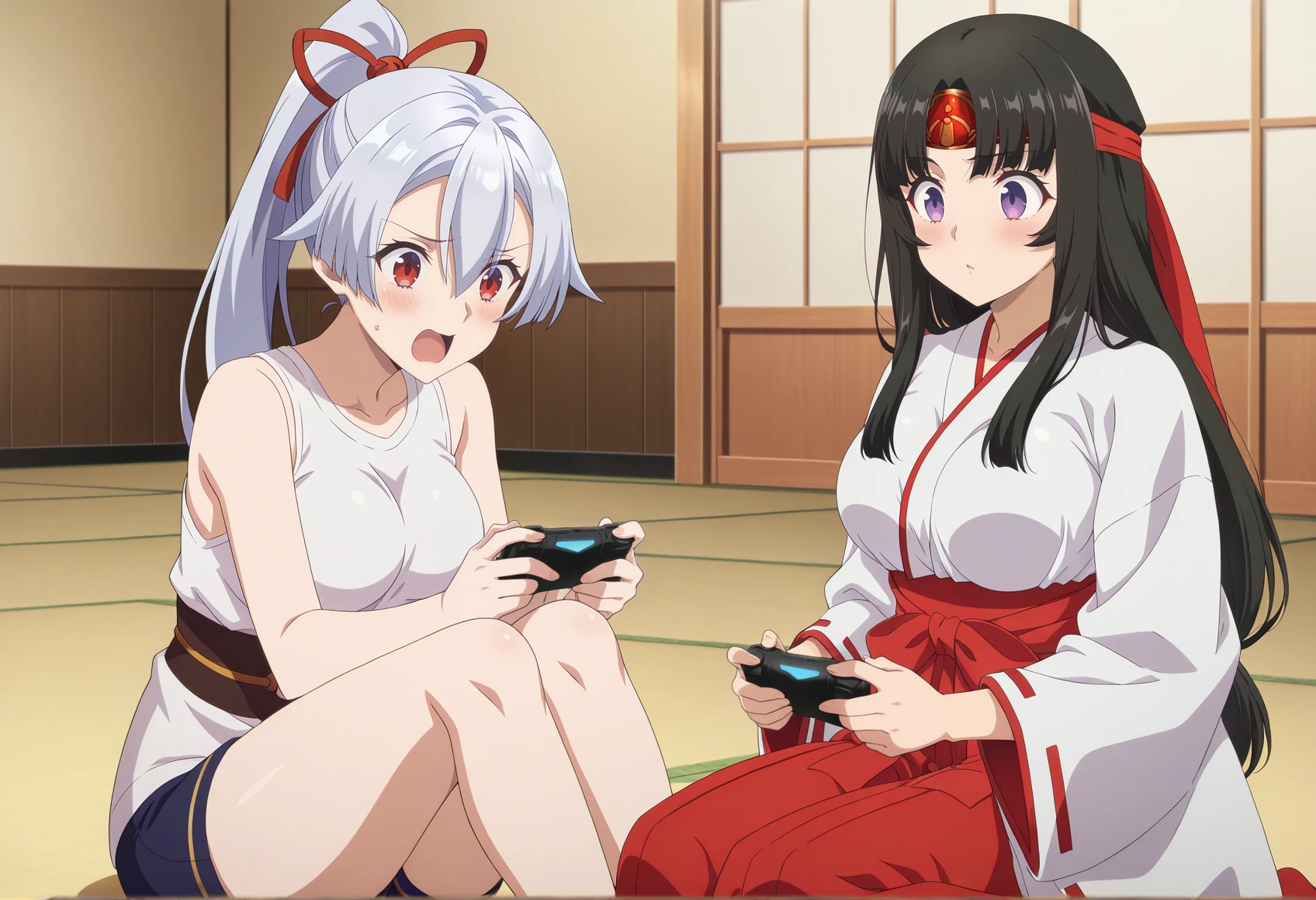 anime screencap, anime screenshot, 2girls, indoors, playing games, sitting, on floor, tomoe gozen \(fate\),
BREAK
anime screencap, anime screenshot, 2girls, indoors, playing games, sitting, on floor, 1girl, black hair, long hair, purple eyes, hime cut, headband, japanese clothes, miko <lora:tomoe_illus:1>, masterpiece, best quality, amazing quality, very aesthetic, absurdres, highres, newest
