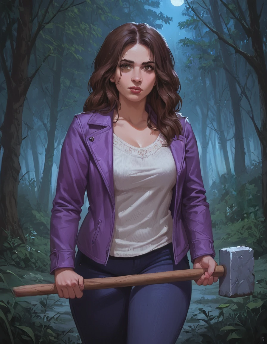 score_9, score_8_up, score_7_up, zPDXL, masterpiece, <lora:sn0wStyle:1> <lora:HKHorrorXL:1>1girl, solo, long hair, jewelry, jacket, necklace, lips, upper body, black hair, brown eyes, looking to the side, purple jacket, shirt, nose, sludge hammer, kelly maxwell<lora:Kelly_Maxwell_Ash_VS_Evil_Dead_2015:0.8> forest, night,