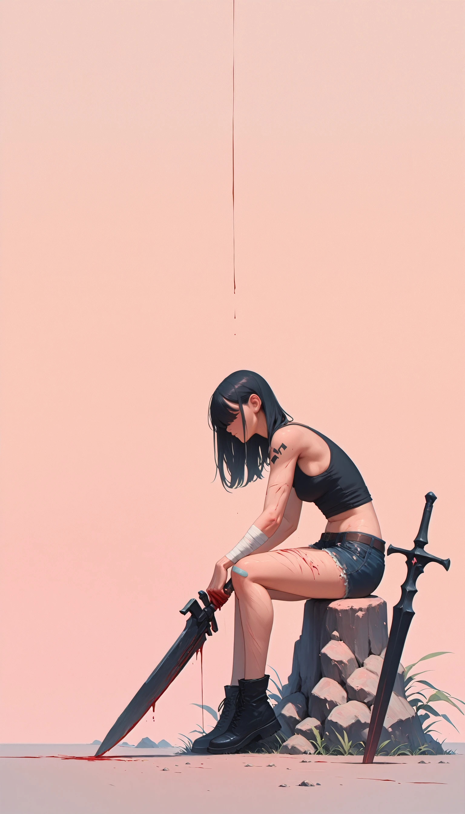 (cowboy shot, liquid, surreal, pastel_theme, pastel ink, abstract_art, sticker, paint splatter, floating, wide_shot, dripping, inkblot, abstract background, blurry, bokeh, best quality, highly detailed)
(RS-Illu, 1girl, solo, long_hair, breasts, bangs, simple_background, black_hair, photoshop_(medium), shirt, original, holding, medium_breasts, bare_shoulders, sitting, jewelry, closed_mouth, weapon, full_body, boots, small_breasts, shorts, sleeveless, midriff, sword, belt, medium_hair, holding_weapon, black_footwear, from_side, torn_clothes, short_shorts, bare_arms, crop_top, bare_legs, blood, profile, sleeveless_shirt, leaning_forward, black_shirt, tattoo, shadow, bandages, holding_sword, pink_background, black_shorts, tank_top, grass, denim, plant, bandaid, denim_shorts, brown_background, injury, rock, bandaged_arm, ankle_boots, hair_over_eyes, blood_on_clothes, huge_weapon, cutoffs, hand_on_own_knee, dripping, wide_shot, dirty, planted, black_tank_top, hands_on_own_knees, planted_sword, blood_on_hands, bandaid_on_knee, bleeding, scratches)