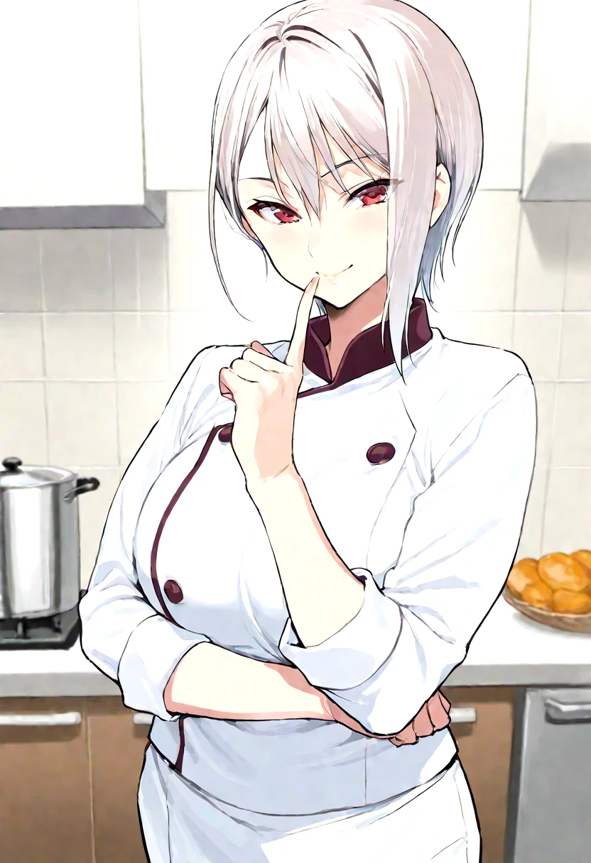 <lora:ricegnat_style:0.8>,((masterpiece,best quality)), absurdres, <lora:Nakiri_Alice_Shokugeki:0.8>, Nakiri_Alice_Shokugeki, white hair, short hair, red eyes, chef,  solo, smiling, looking at viewer, cowboy shot,