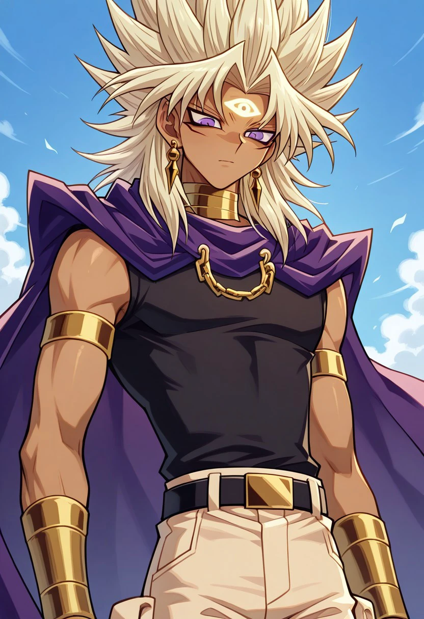 masterpiece, best quality,
marikuish, 1boy, male focus, solo, yami marik, dark skin, dark-skinned male, purple eyes, blonde hair, long hair, spiked hair, jewerly, earrings, neck ring, armlet, shirt, black shirt, sleeveless, cape, purple cape, belt, pants, brown pants
forehead mark, eye of horus, millennium rod
outdoor, sky
