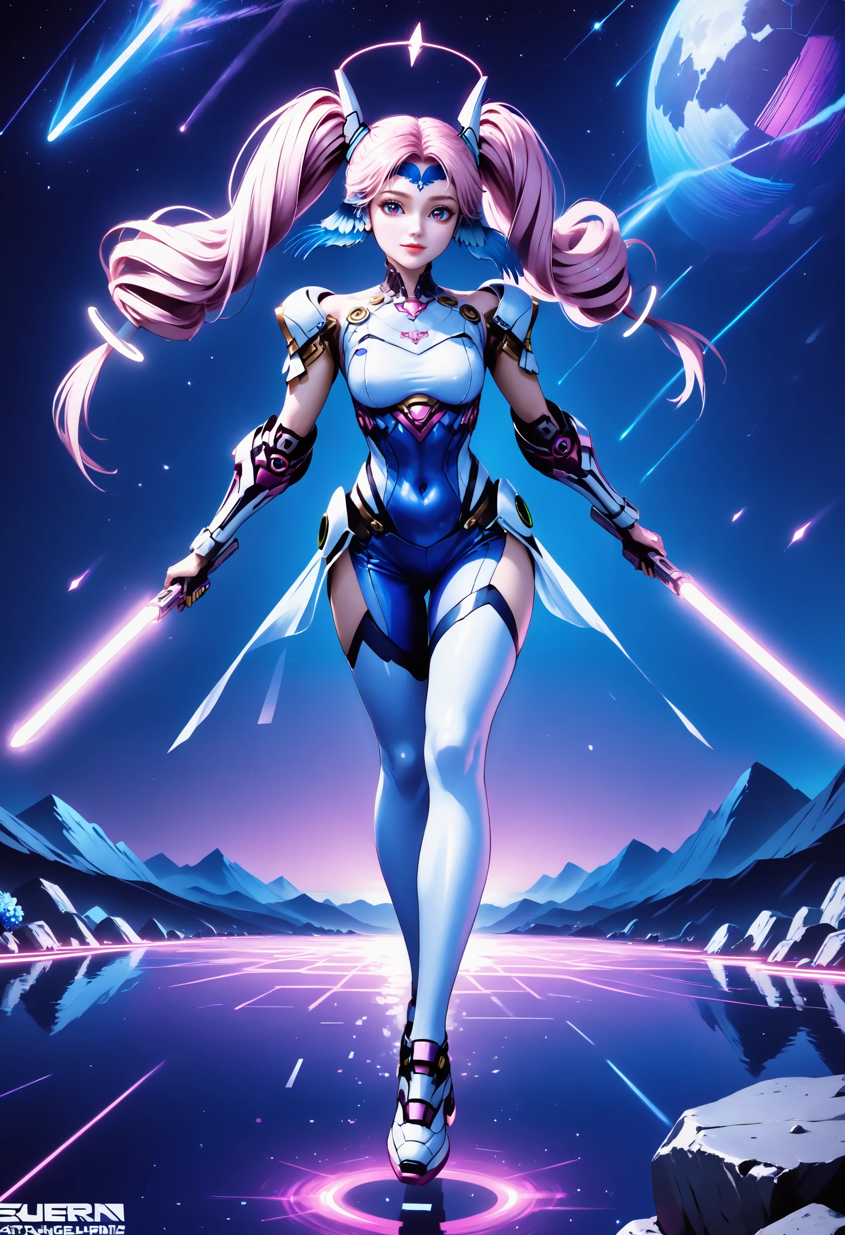 Masterpiece, best quality, amazing quality, very aesthetic, high resolution, ultra-detailed, absurdres, HDR, cinematic lighting, highres, newest,
aichen, 1girl, pink hair, solo, long hair, twintails, drill hair, purple eyes, blue head wings, blue forehead jewel, hair ornament, glowing golden rings on the twintails at the end, dutch_angle, pink aura, heart, dynamic_pose, flying, vaporwave, cyberpunk, bodysuit, realistic, photorealistic, blue background, night, blue flower, moonlight, rock, white_legwear, white_footwear, glitch, glitch_art, holding_lightsaber,