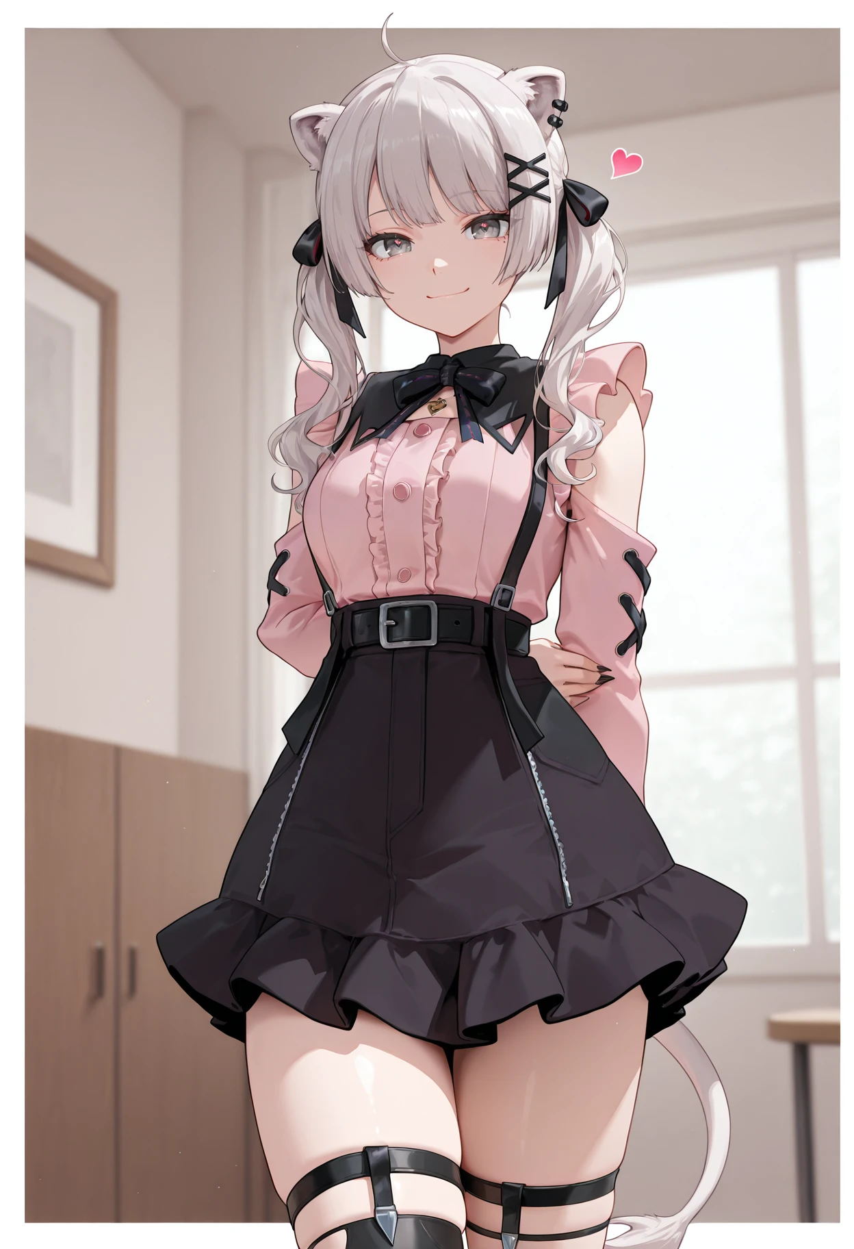 masterpiece, best quality, amazing quality,
<lora:botanIL:1>, botanIL, botanjiraikei, long hair, x hair ornament, black thighhighs, long sleeves, jirai kei, skirt, frills, ear piercing, thigh strap, detached sleeves, tail, belt, closed mouth, ahoge, twintails, 1girl, black ribbon, shirt, ribbon, solo, pink shirt, heart, hair ornament, arm behind back, hair ribbon, piercing, looking at viewer, hairclip, border, smile, indoors,