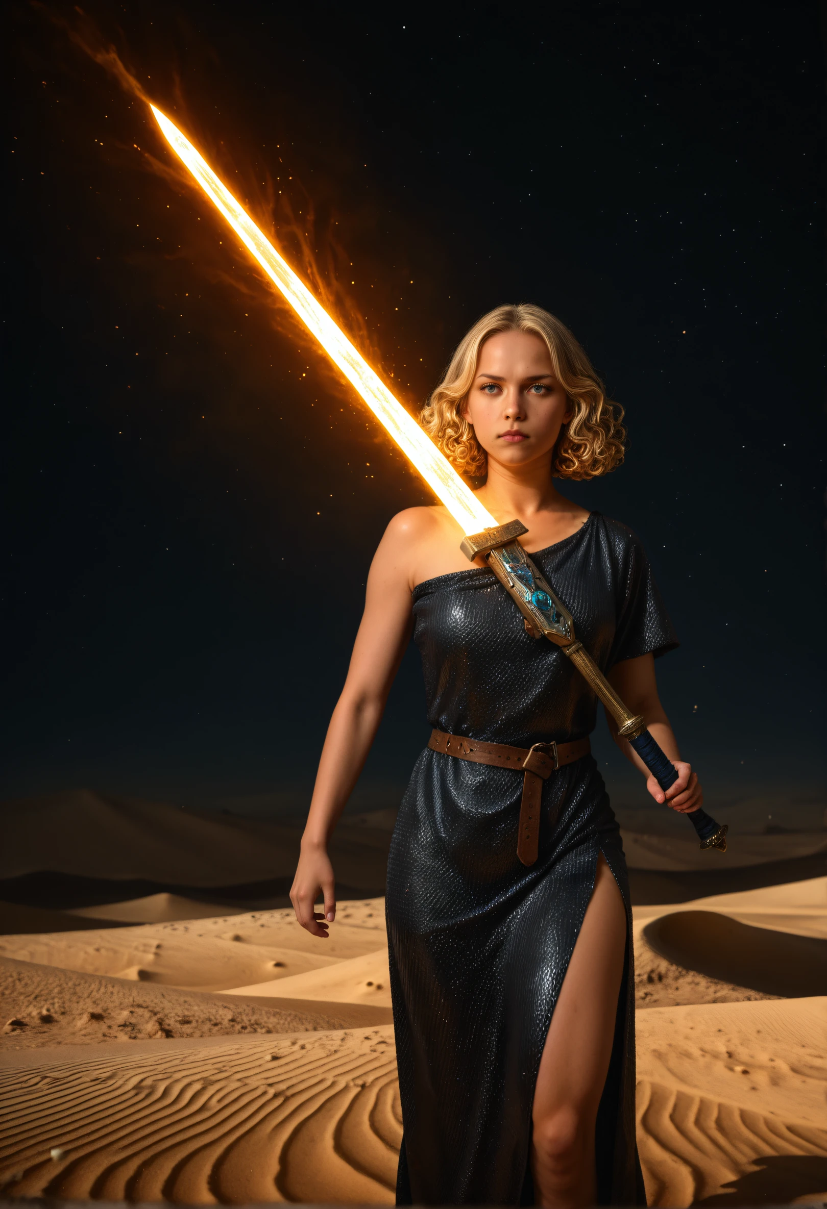 real, RAW, masterpiece, absurdres, nun, blonde hair, short hair, curly hair, one-shoulder dress, shiny dress, chainmail, metallic, rainbow, translucent, greatsword, glowing weapon, magical weapon, dark energy, energy blade, face, close-up, action, battle, desert, sand dunes, night sky, glow, lighting effects, shadows, dramatic lighting, dark atmosphere, serious expression, busty, dress slit, leg slit, thigh slit, weapon glow, armor, metallic sheen