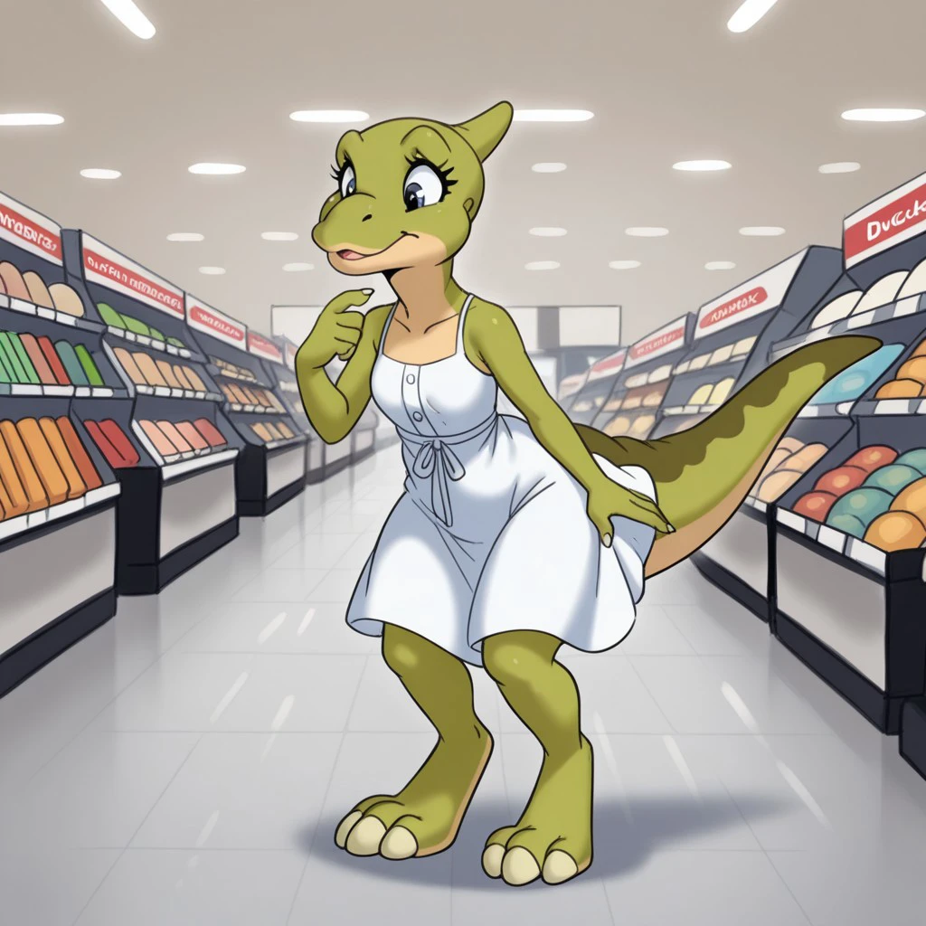 masterpiece, best quality, amazing quality, Duckylbtil, anthro, female, Saurolophus, dinosaur, green skin, digitigrade, sundress,shopping at the mall,