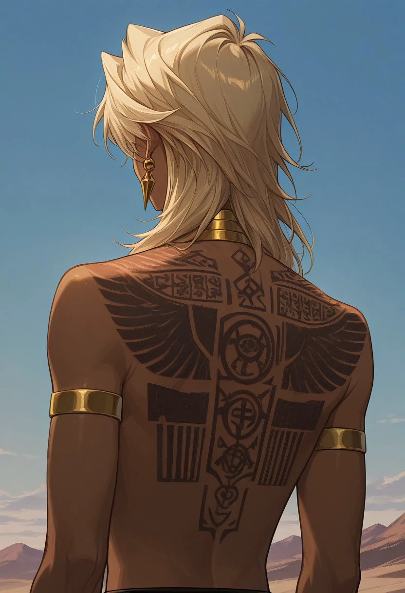 masterpiece, best quality,
marikuish, 1boy, male focus, solo, dark skin, dark-skinned male, blonde hair, long hair, jewerly, earrings, neck ring, armlet, topless male, tattoo, back tattoo, hieroglyphs, from back
outdoor, sky