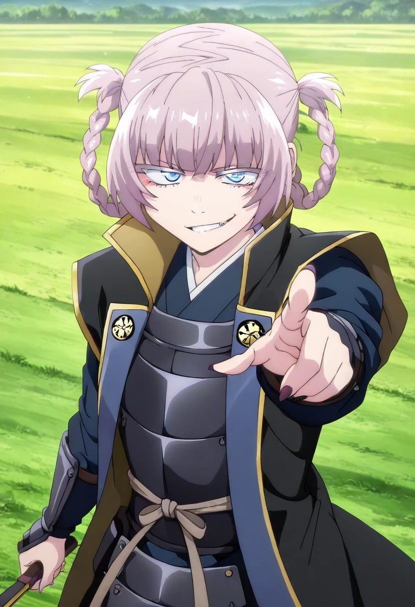 masterpiece, best quality, absurdres, detailed skin, detailed eyes, detailed face, anime colored, anime screencap, anime colored,
<lora:nanakusa_nazuna:1>, nanakusa, 1 girl, short hair, blue eyes, looking at viewer, smirk,
<lora:jinbaori:0.8>, jinbaori, armor, shoulder armor, folding fan,
pointing at viewer,
outdoors, grasslands,