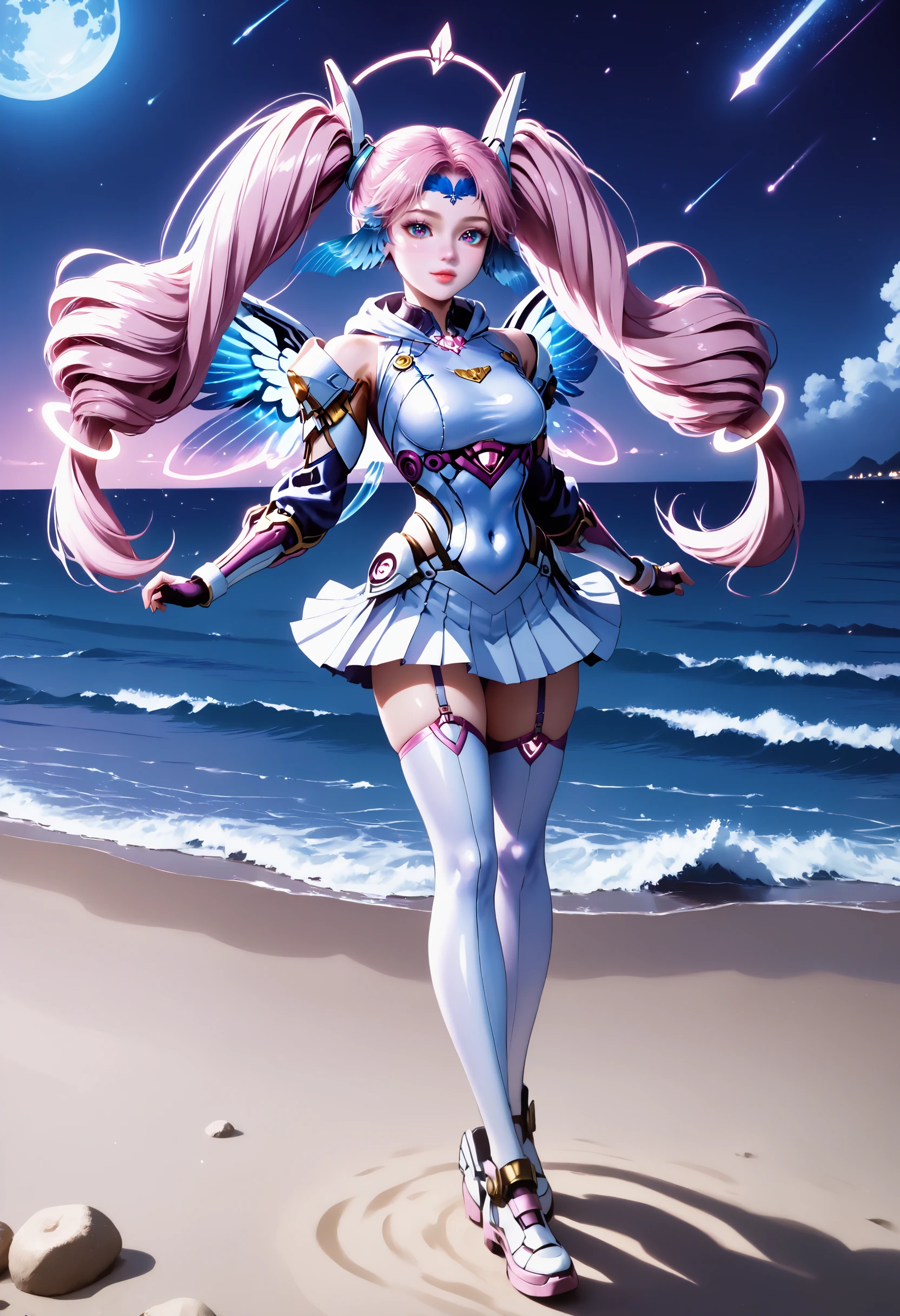 Masterpiece, best quality, amazing quality, very aesthetic, high resolution, ultra-detailed, absurdres, HDR, cinematic lighting, highres, newest,
aichen, 1girl, pink hair, solo, long hair, twintails, drill hair, purple eyes, blue head wings, blue forehead jewel, hair ornament, glowing golden rings on the twintails at the end, dutch_angle, pink aura, heart, dynamic_pose, bodysuit, realistic, photorealistic, cropped_hoodie, pleated_skirt, night, moonlight, white_legwear, white_footwear, beach, blush_stickers, full-face_blush, garter_straps,