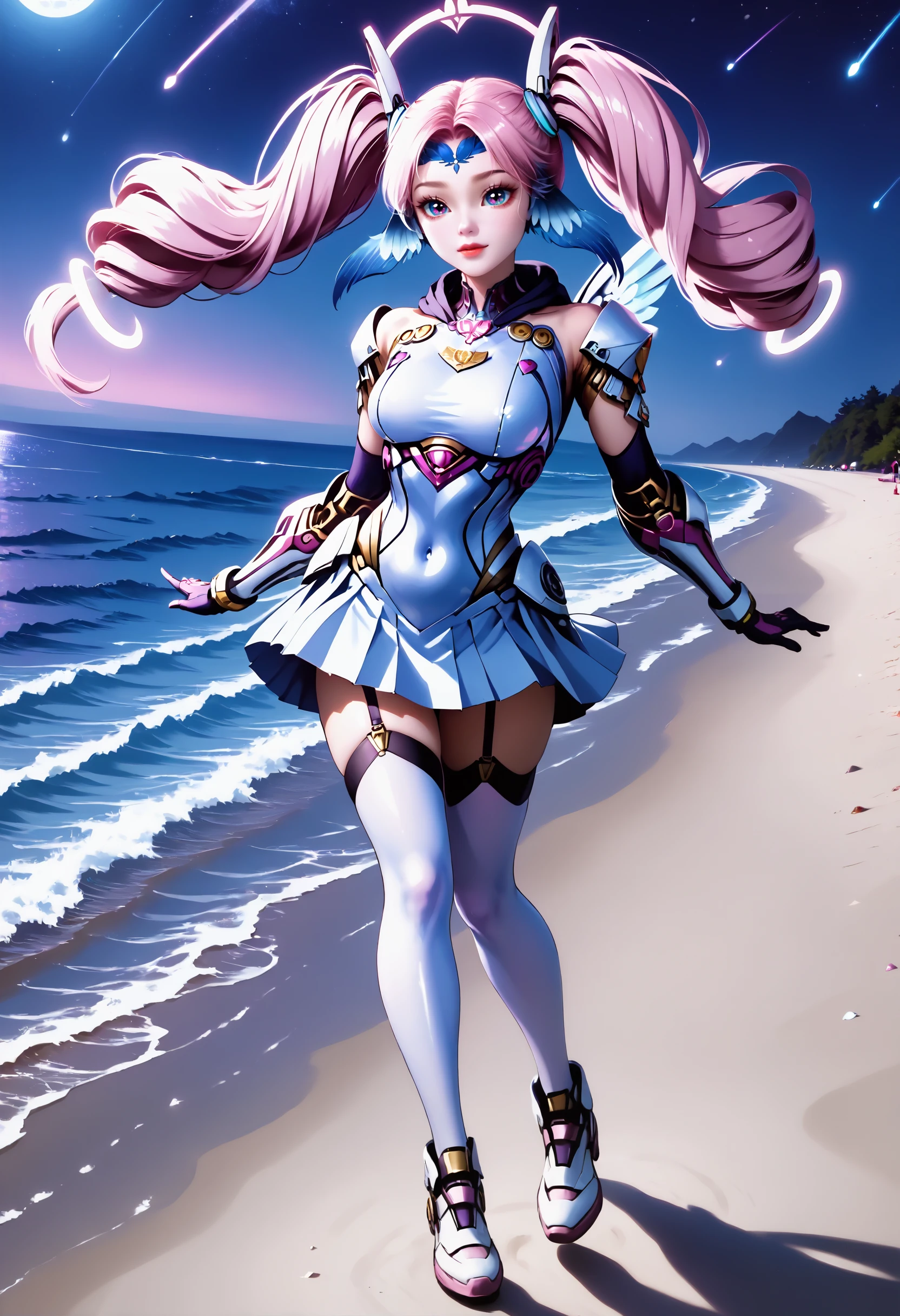 Masterpiece, best quality, amazing quality, very aesthetic, high resolution, ultra-detailed, absurdres, HDR, cinematic lighting, highres, newest,
aichen, 1girl, pink hair, solo, long hair, twintails, drill hair, purple eyes, blue head wings, blue forehead jewel, hair ornament, glowing golden rings on the twintails at the end, dutch_angle, pink aura, heart, dynamic_pose, bodysuit, realistic, photorealistic, cropped_hoodie, pleated_skirt, night, moonlight, white_legwear, white_footwear, beach, blush_stickers, full-face_blush, garter_straps,