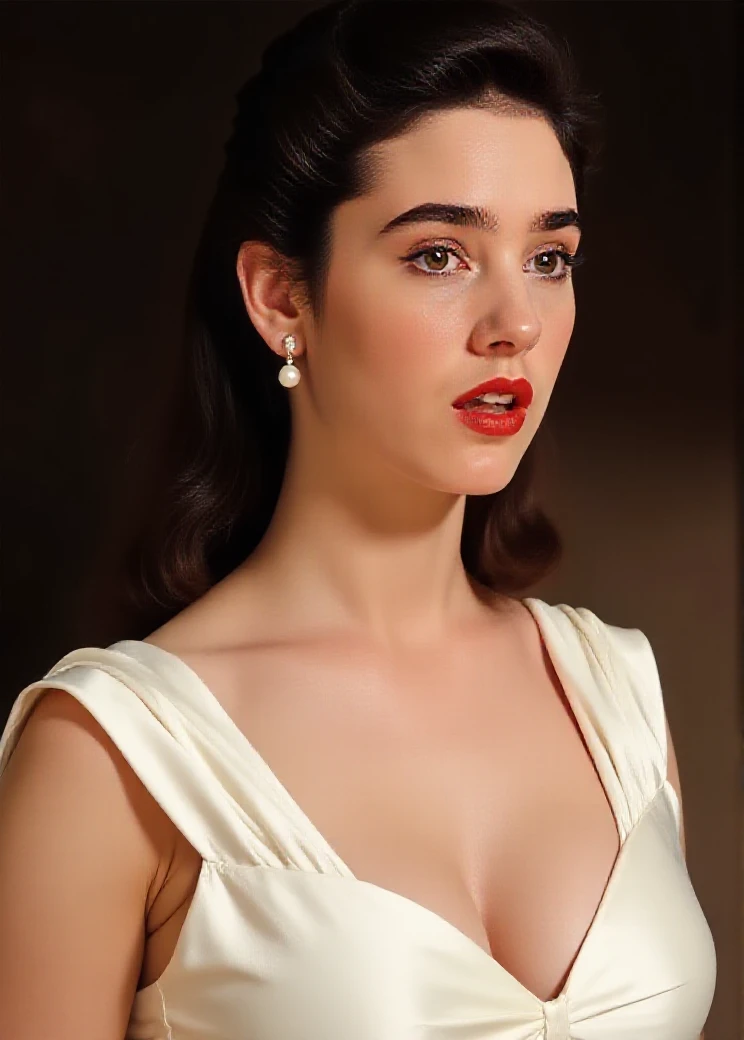 Isabelle Adjani in sensual clothes with lipstick and smiling